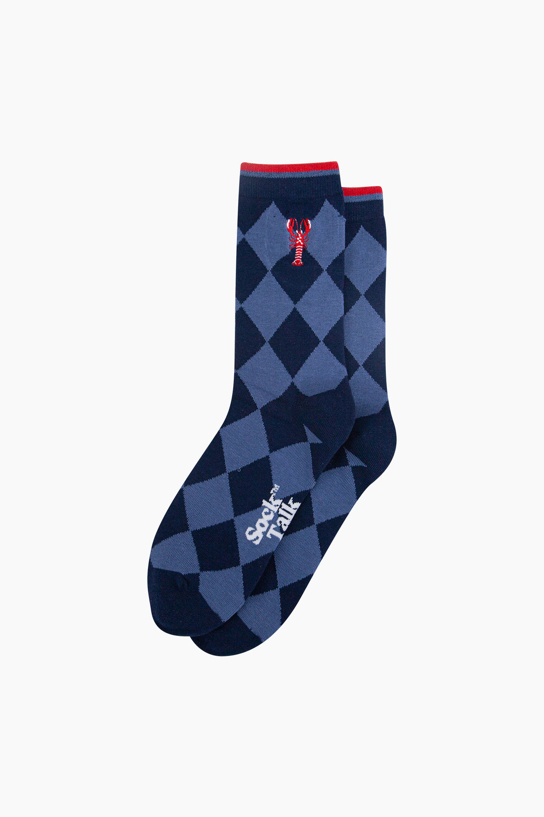 Embroidered-Lobster-Argyle-Combed-Cotton-Socks-in-Navy-Blue-Lying-Flat
