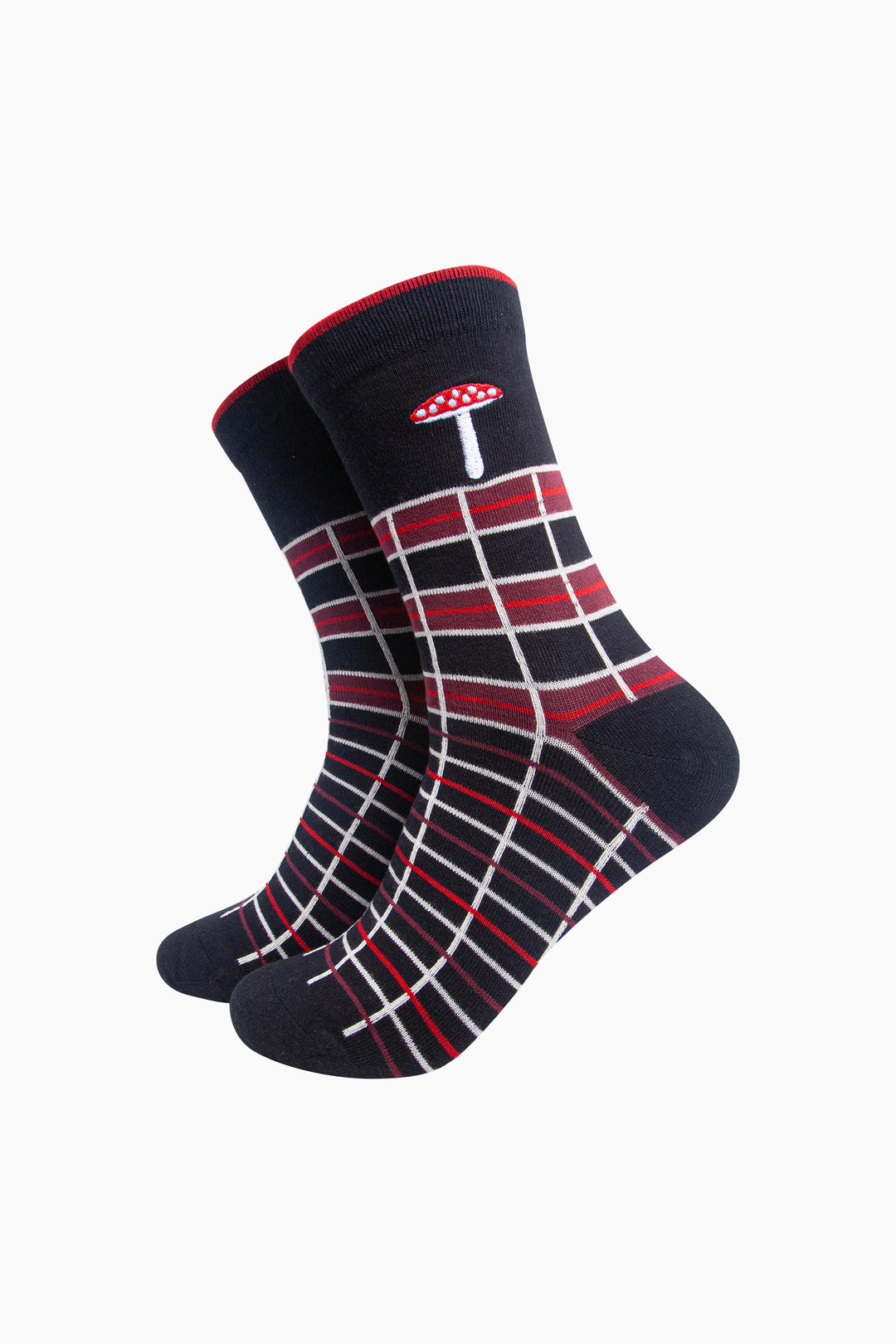 Toadstool-Combed-Cotton-Pattern-Embroidered-Socks-in-Black/Red-On-Mannequin