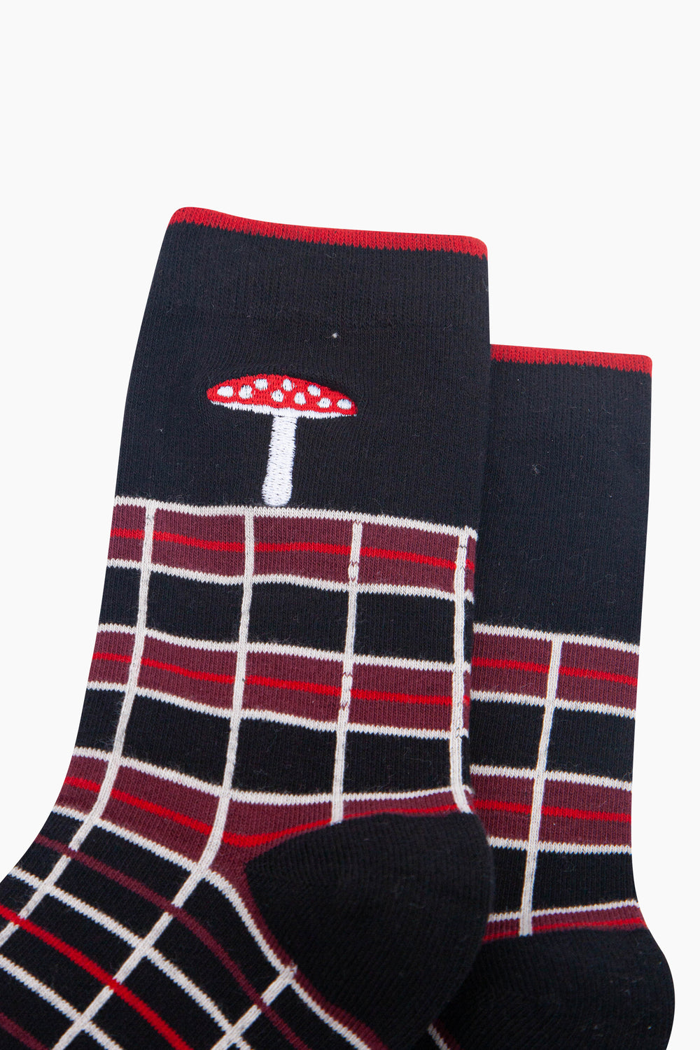 Toadstool-Combed-Cotton-Pattern-Embroidered-Socks-in-Black/Red-Close-Up