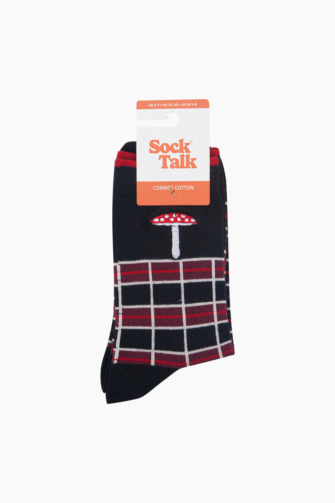 Toadstool-Combed-Cotton-Pattern-Embroidered-Socks-in-Black/Red-In-Packaging