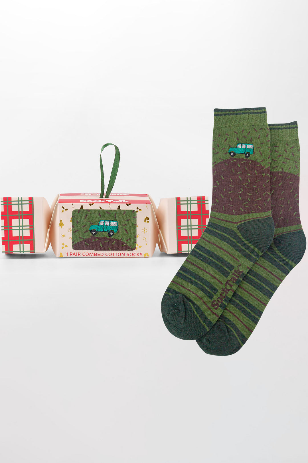 Off-Roader-Embroidered-Combed-Cotton-Crew-Socks-Christmas-Cracker-Gift-Box-in-Green/Brown