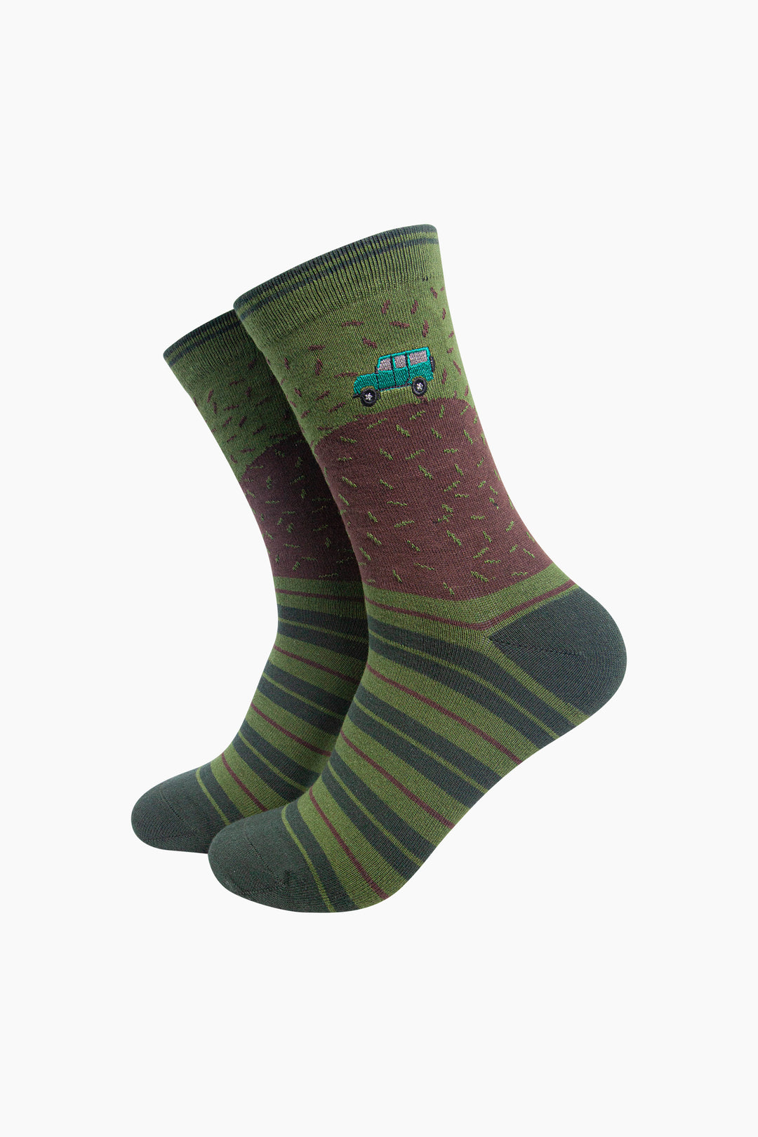 Off-Roader-Combed-Cotton-Pattern-Embroidered-Socks-in-Green/Brown-On-Mannequin
