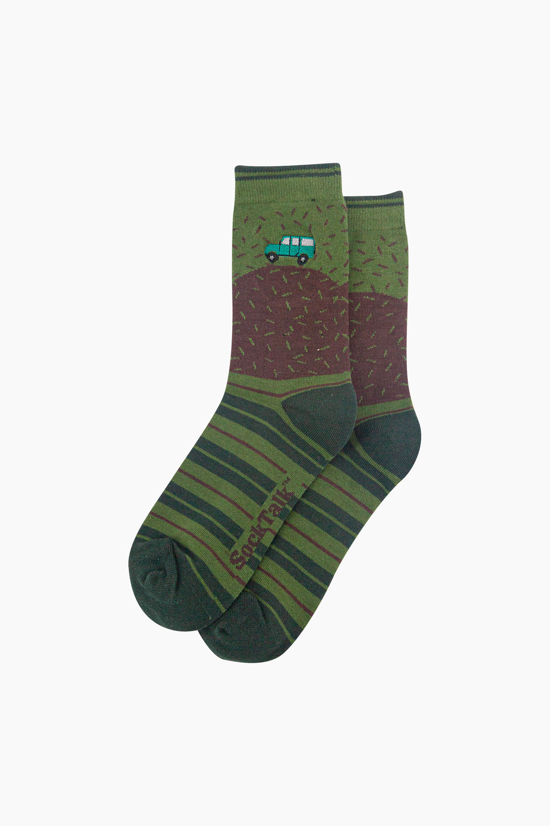 Off-Roader-Combed-Cotton-Pattern-Embroidered-Socks-in-Green/Brown-Laid-Flat