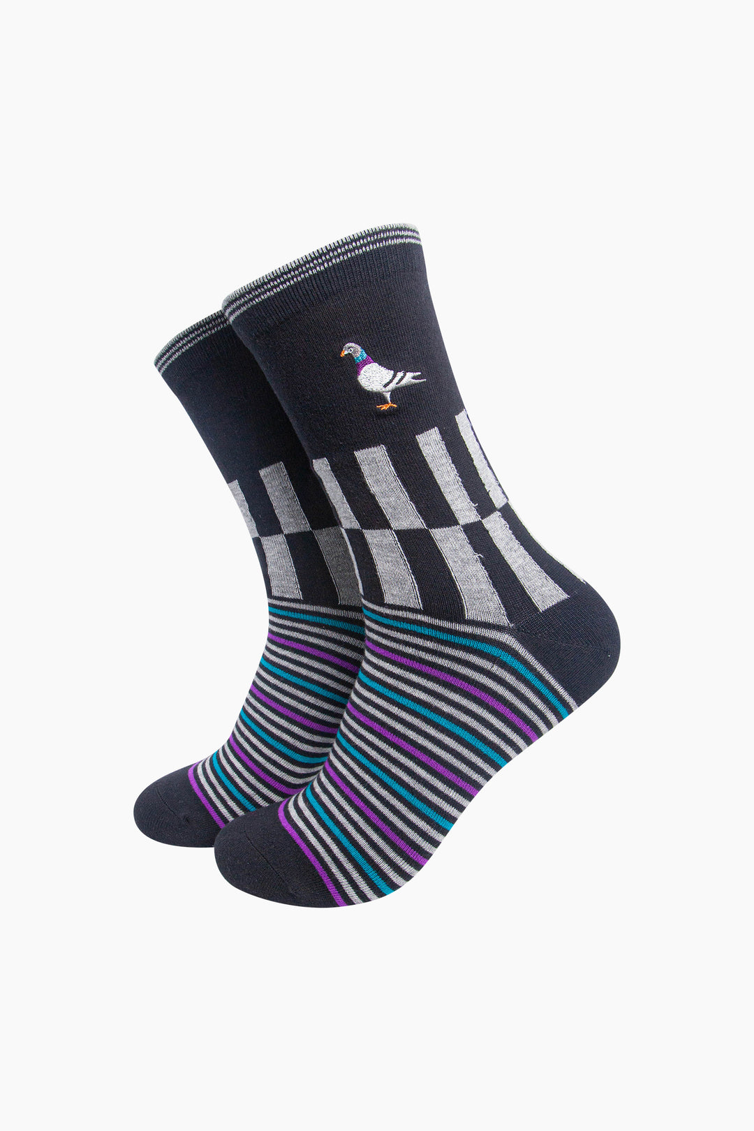 Pigeon-Combed-Cotton-Pattern-Embroidered-Socks-in-Black/Grey-Marl-On-Mannequin