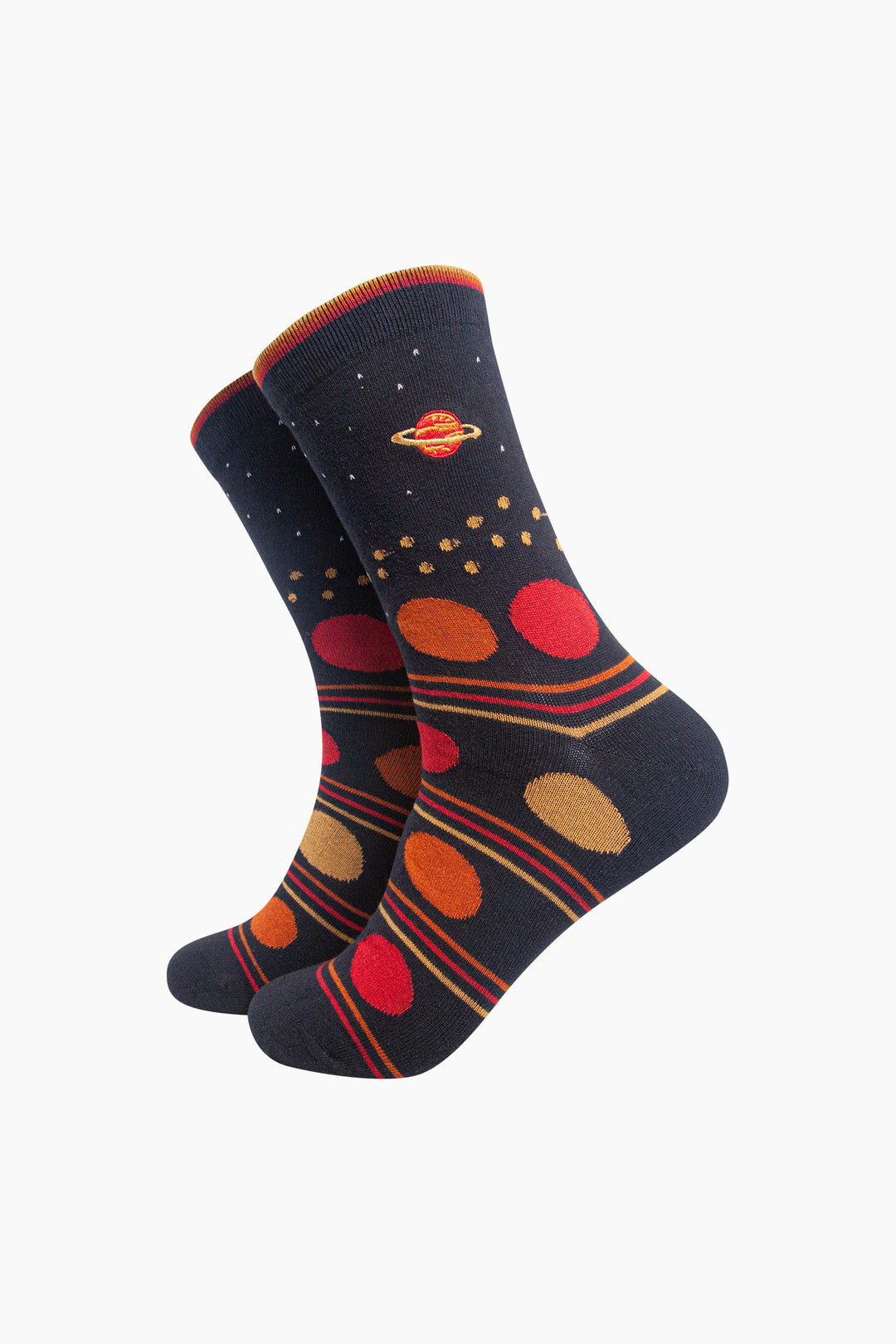 Planet-Combed-Cotton-Pattern-Embroidered-Socks-in-Black/Red-On-Mannequin