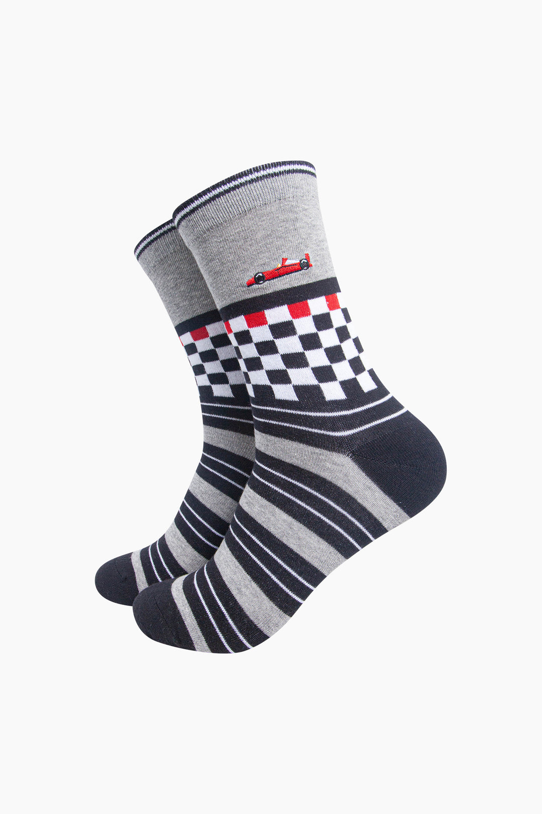 Racecar-Combed-Cotton-Pattern-Embroidered-Socks-in-Grey-Marl-On-Mannequin