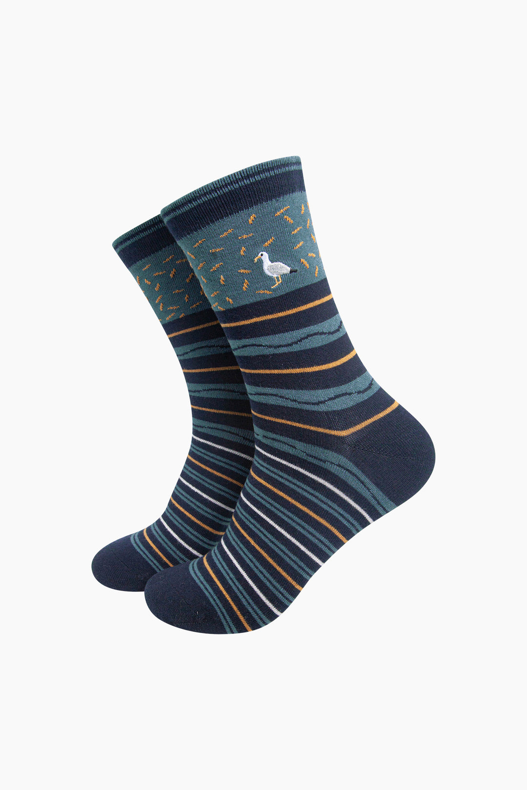 Seagull-Combed-Cotton-Pattern-Embroidered-Socks-in-Teal/Navy-Blue-On-Mannequin