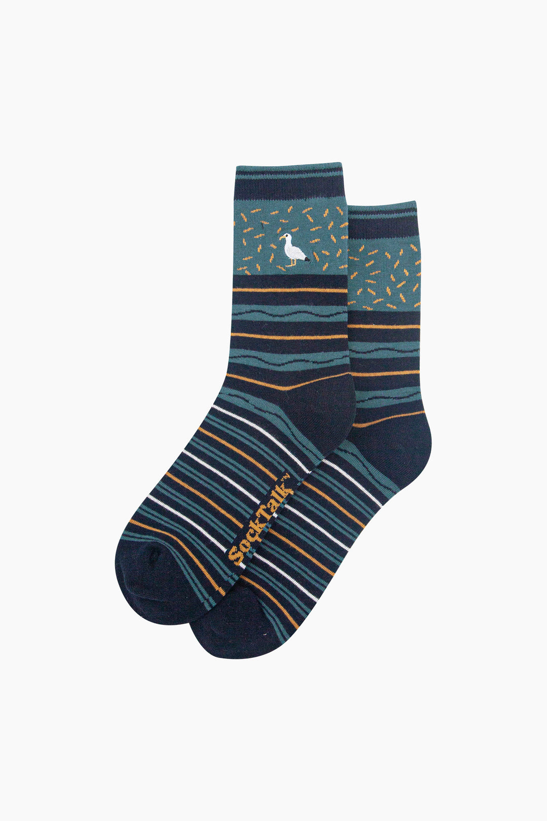 Seagull-Combed-Cotton-Pattern-Embroidered-Socks-in-Teal/Navy-Blue-Laid-Flat