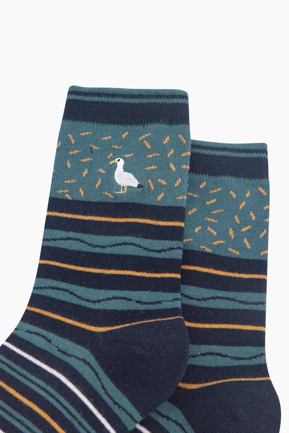 Seagull-Combed-Cotton-Pattern-Embroidered-Socks-in-Teal/Navy-Blue-Close-Up