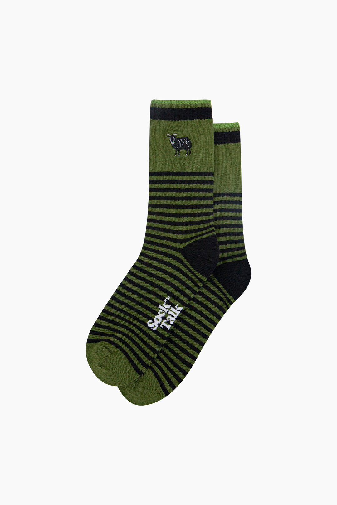 Embroidered-Black-Sheep-Striped-Combed-Cotton-Socks-in-Green-Lying-Flat