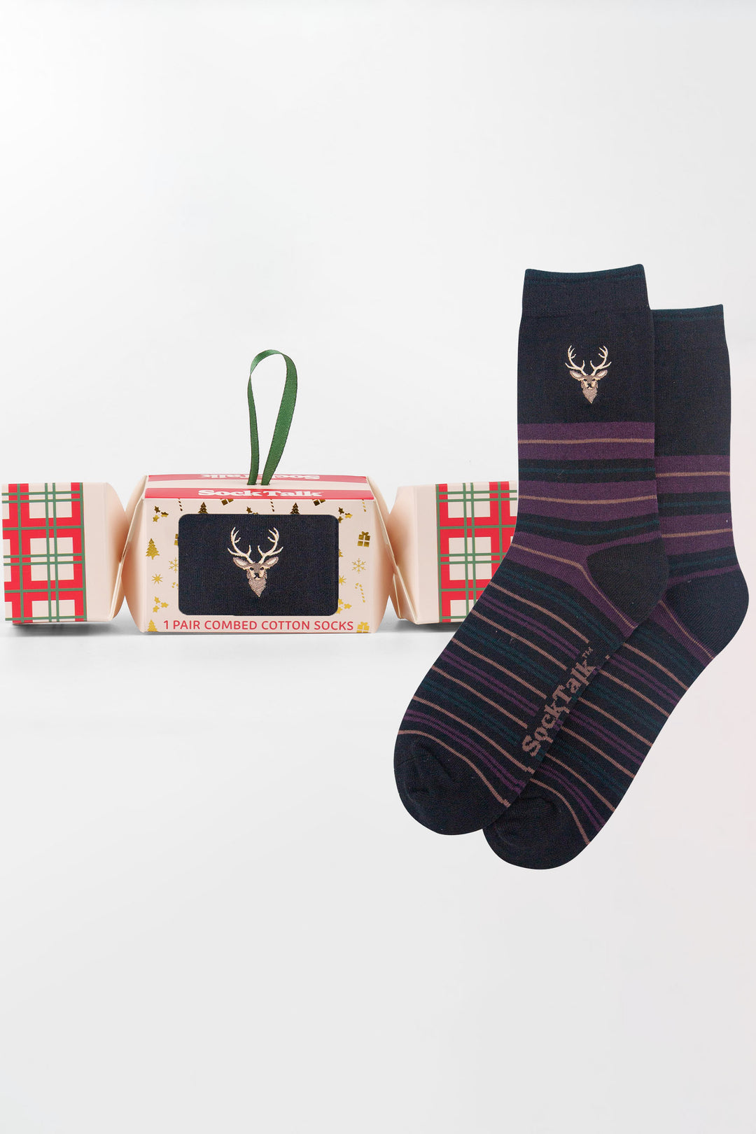 Stag-Embroidered-Combed-Cotton-Crew-Socks-Christmas-Cracker-Gift-Box -n-Black/Aubergine