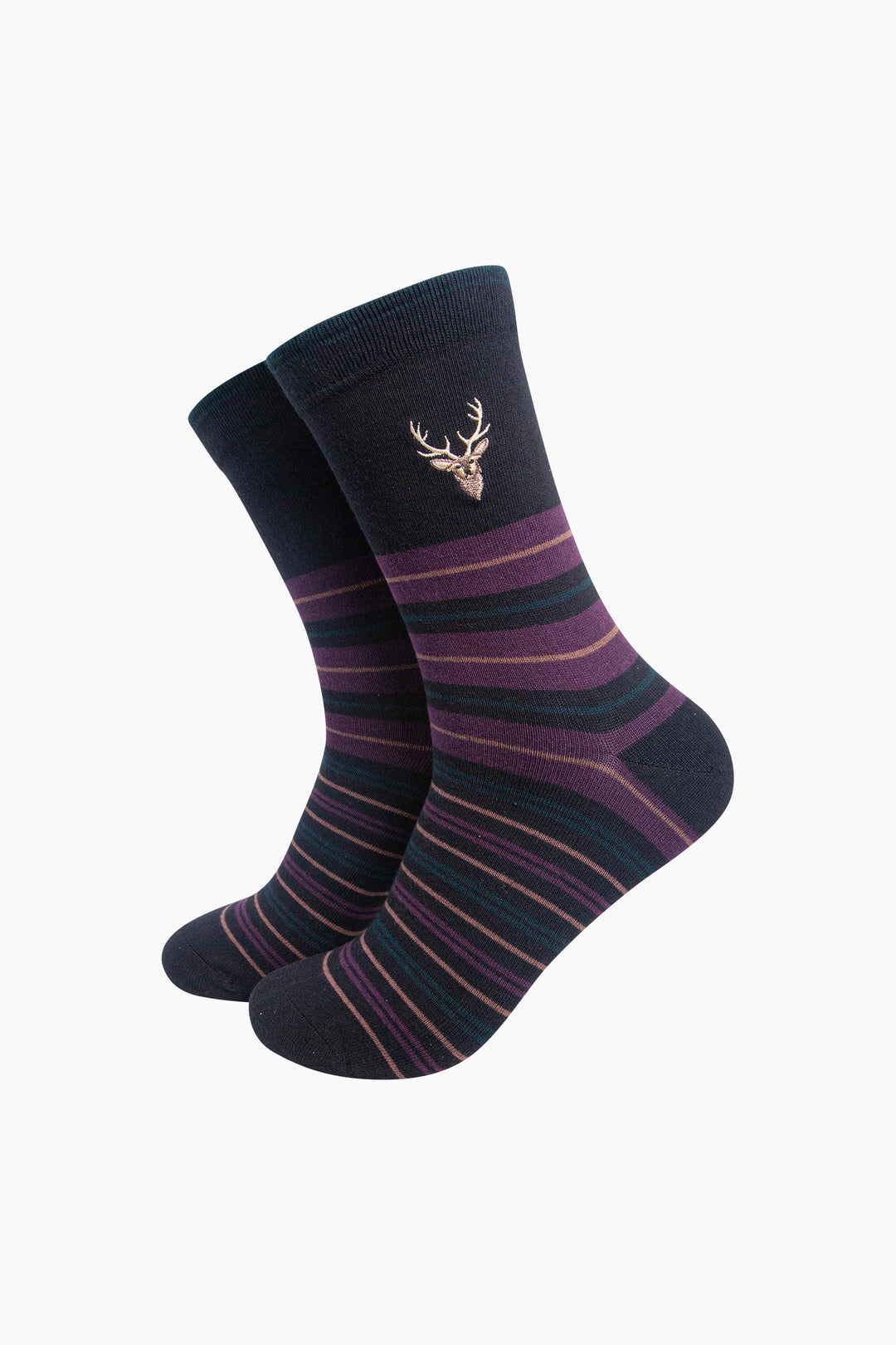 Stag-Combed-Cotton-Pattern-Embroidered-Socks-in-Black/Aubergine-On-Mannequin