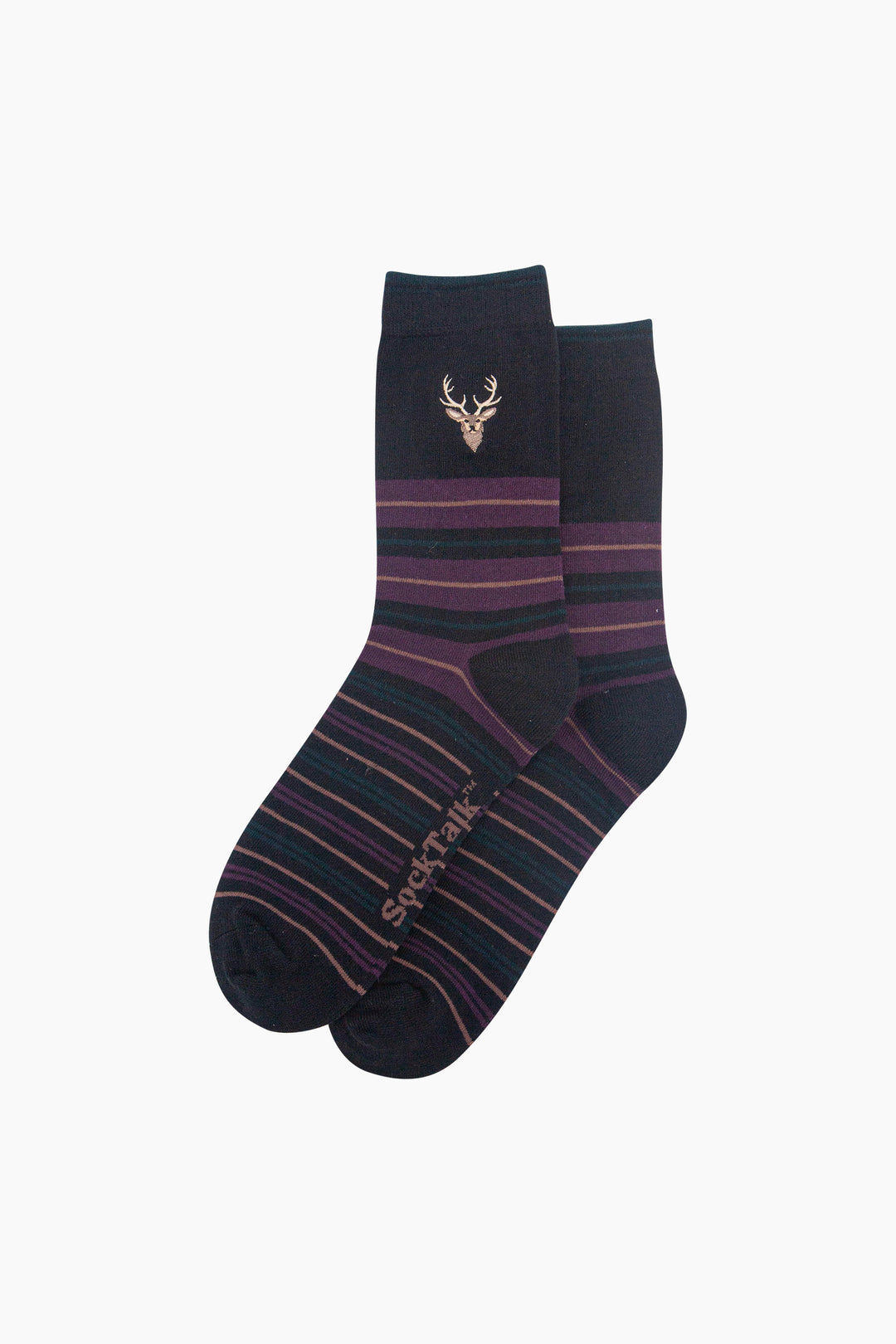 Stag-Combed-Cotton-Pattern-Embroidered-Socks-in-Black/Aubergine-Laid-Flat