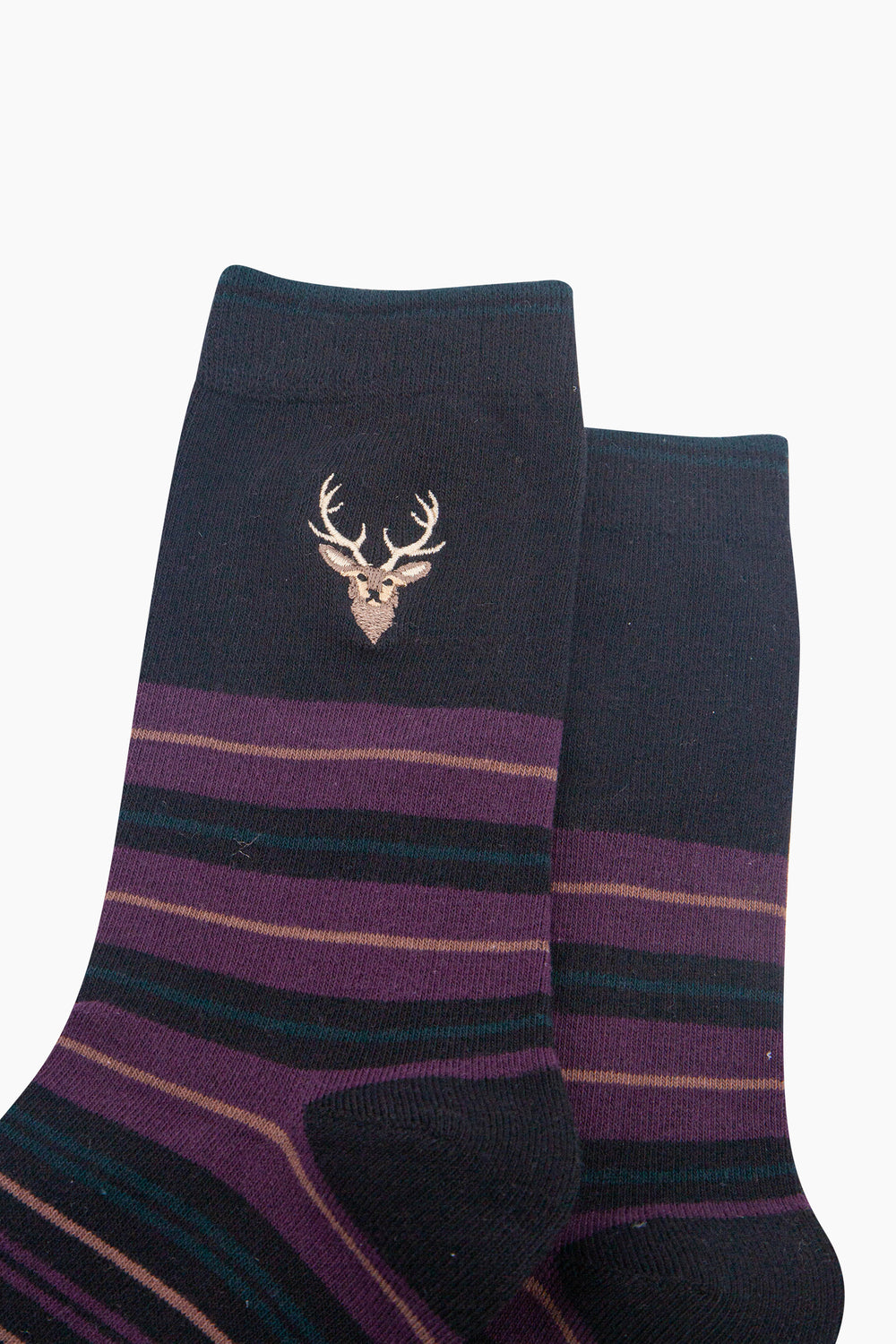 Stag-Combed-Cotton-Pattern-Embroidered-Socks-in-Black/Aubergine-Close-Up