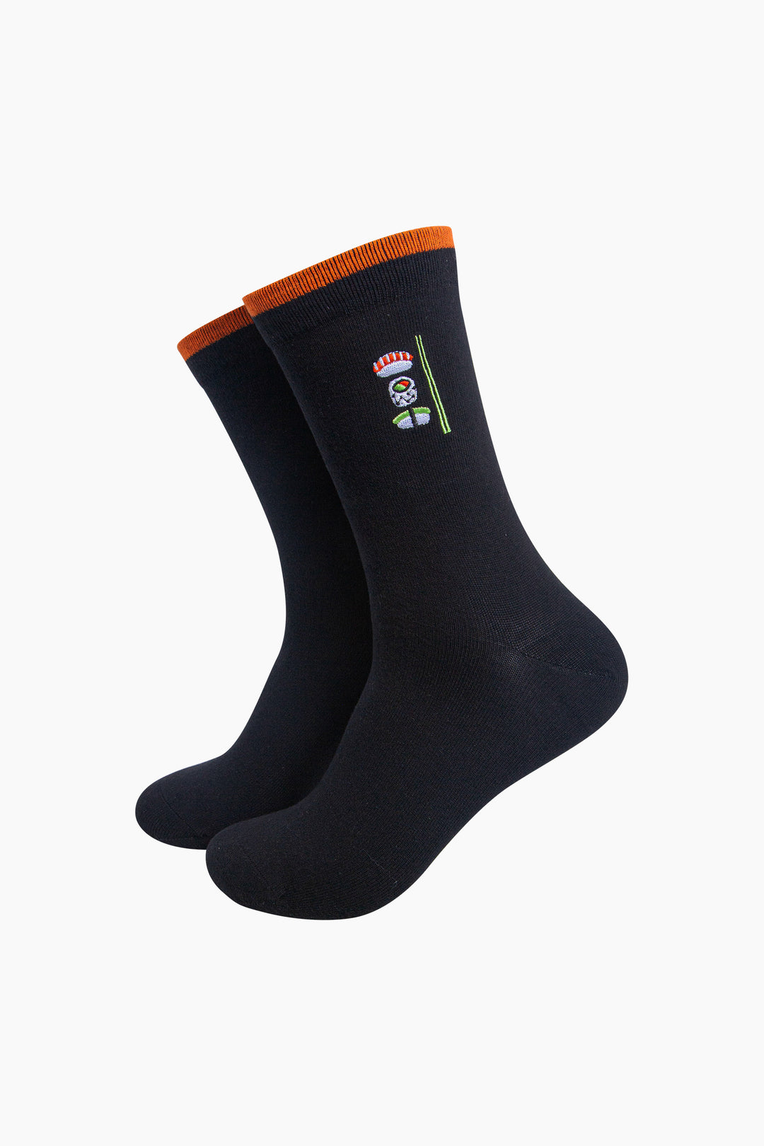 Sushi-Combed-Cotton-Pattern-Embroidered-Socks-in-Black-On-Mannequin