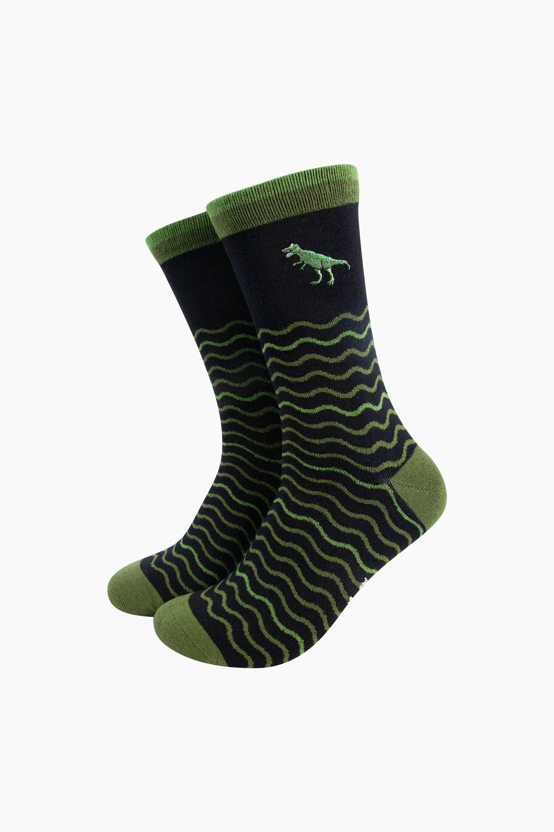 T-Rex Embroidered Combed Cotton Crew Socks Christmas Cracker Gift Box in Black/Green