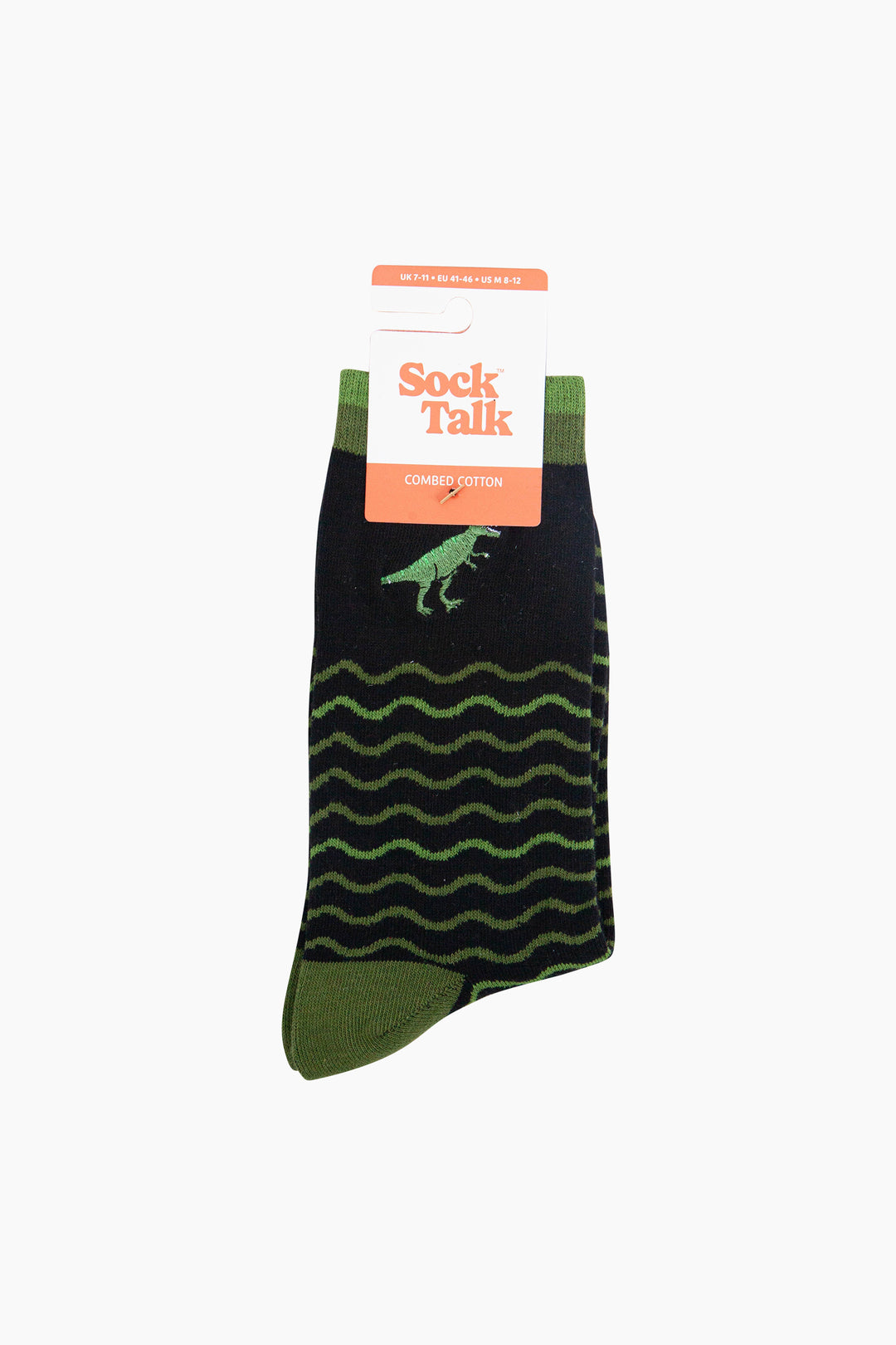 Embroidered-T-Rex-Wavy-Striped-Combed-Cotton-Socks-in-Black/Green-In-Packaging