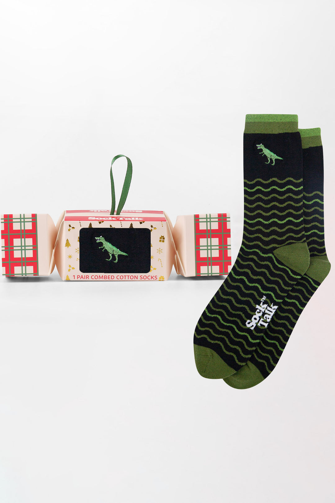 T-Rex-Embroidered-Combed-Cotton-Crew-Socks-Christmas-Cracker-Gift-Box-in-Black/Green
