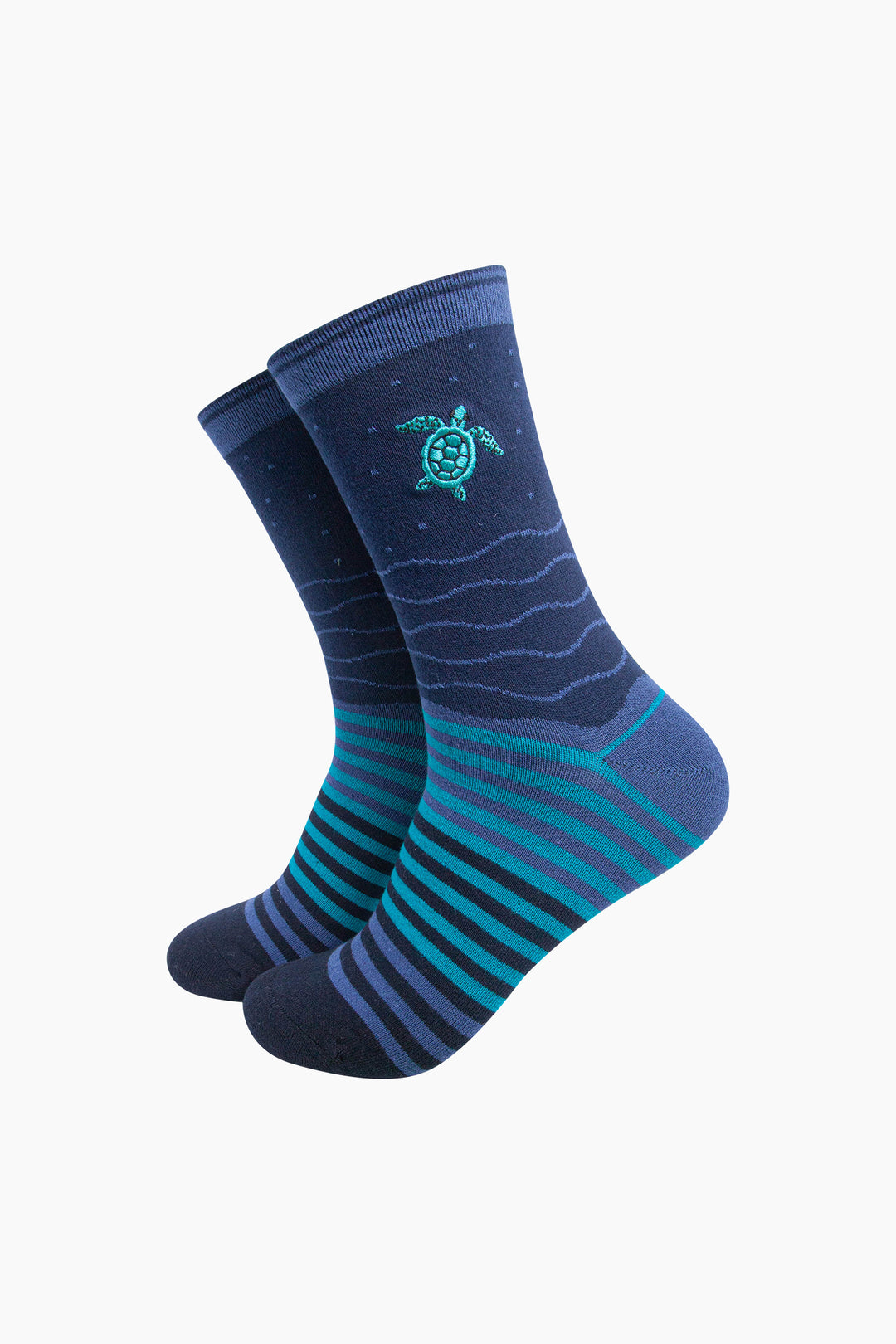 Seagull-Combed-Cotton-Pattern-Embroidered-Socks-in-Teal/Navy-Blue-On-Mannequin