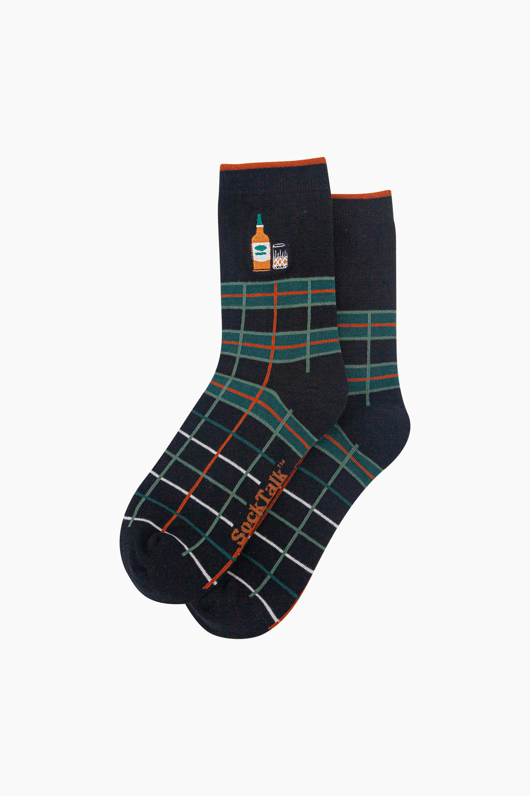 Whisky-Combed-Cotton-Pattern-Embroidered-Socks-in-Black/Green-Laid-Flat