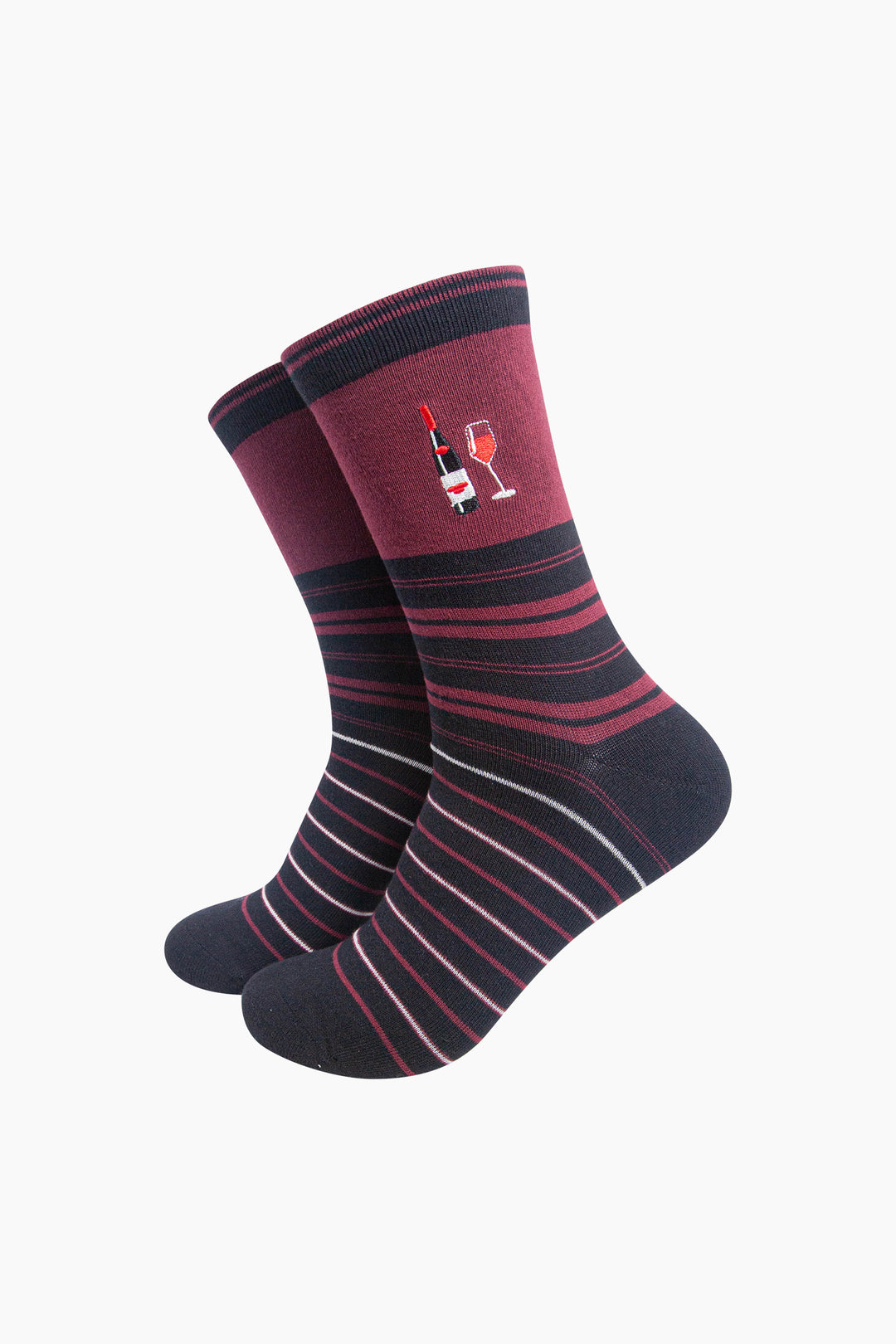 Red-Wine-Combed-Cotton-Pattern-Embroidered-Socks-in-Burgundy-On-Mannequin