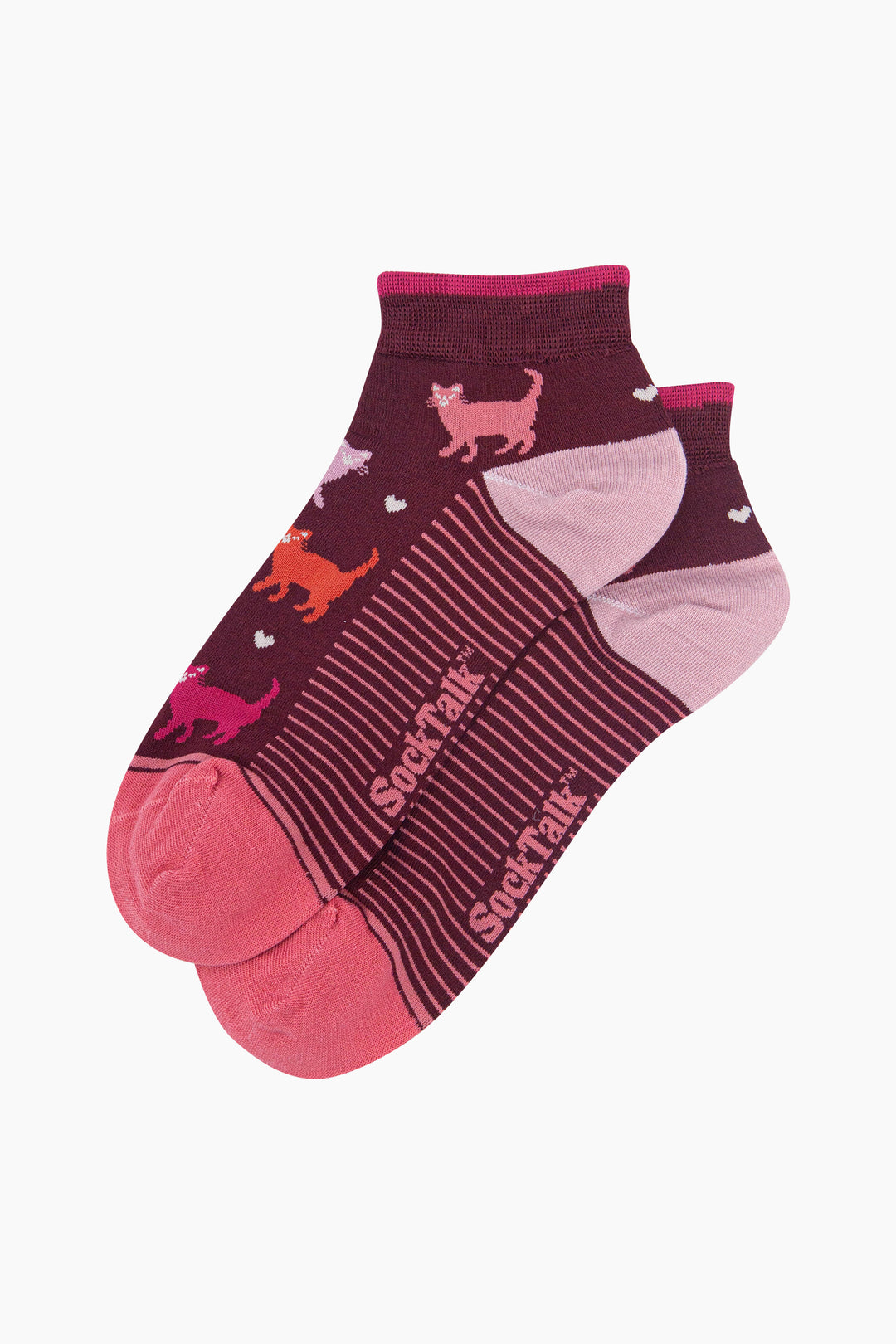 Multi-Cat-Women's-Bamboo-Trainer-Socks-in-Burgundy-Laid-Flat