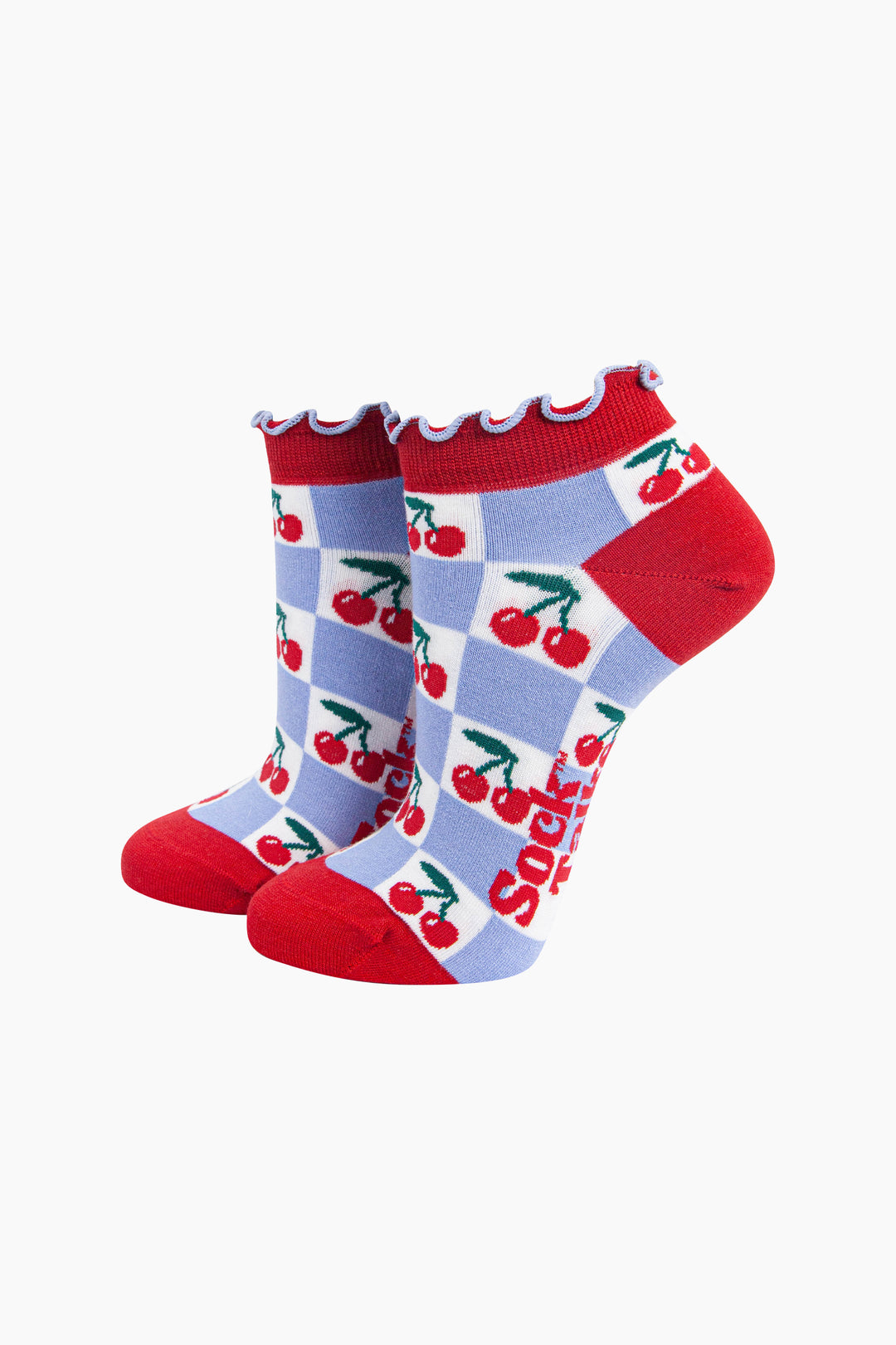 Cherry-Checkerboard-Bamboo-Trainer-Socks-in-Blue-On-Mannequin