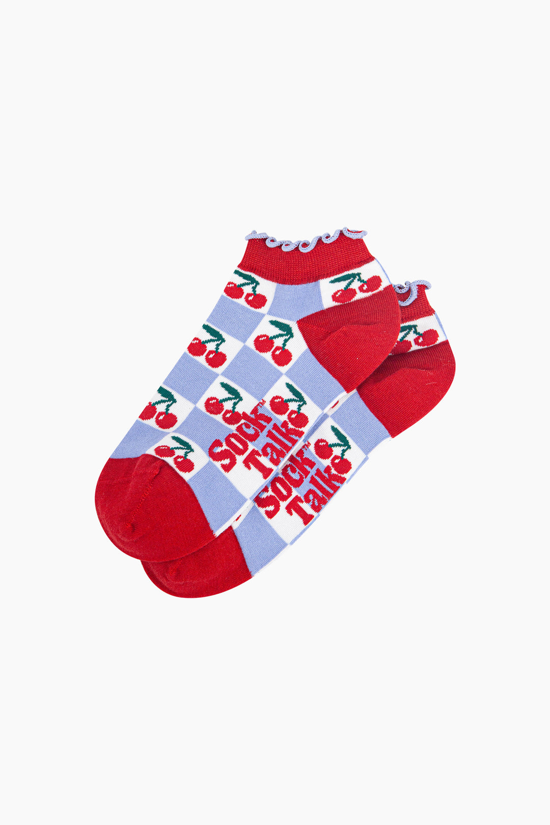 Cherry-Checkerboard-Bamboo-Trainer-Socks-in-Blue-Laid-Flat