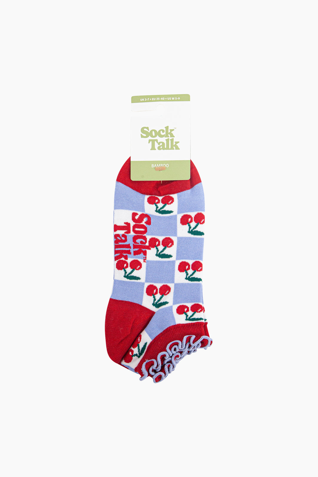 Cherry-Checkerboard-Bamboo-Trainer-Socks-in-Blue-In-Packaging