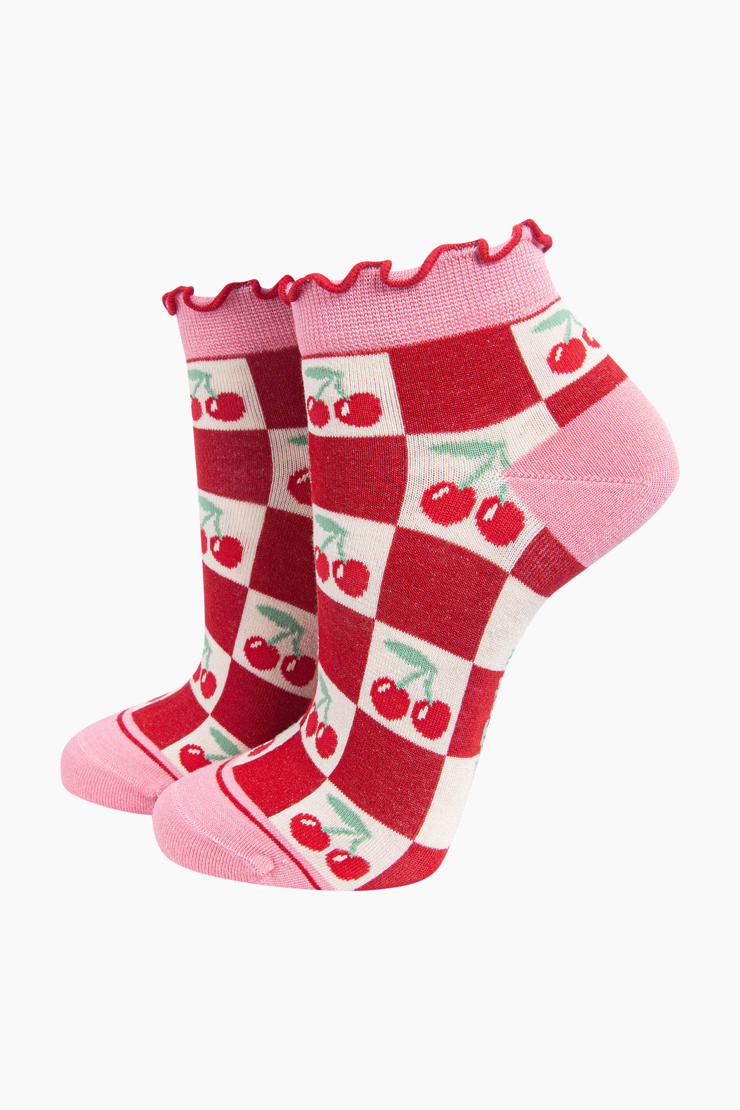 Cherry-Squares-Women's-Bamboo-Trainer-Socks-in-Red-On-Mannequin