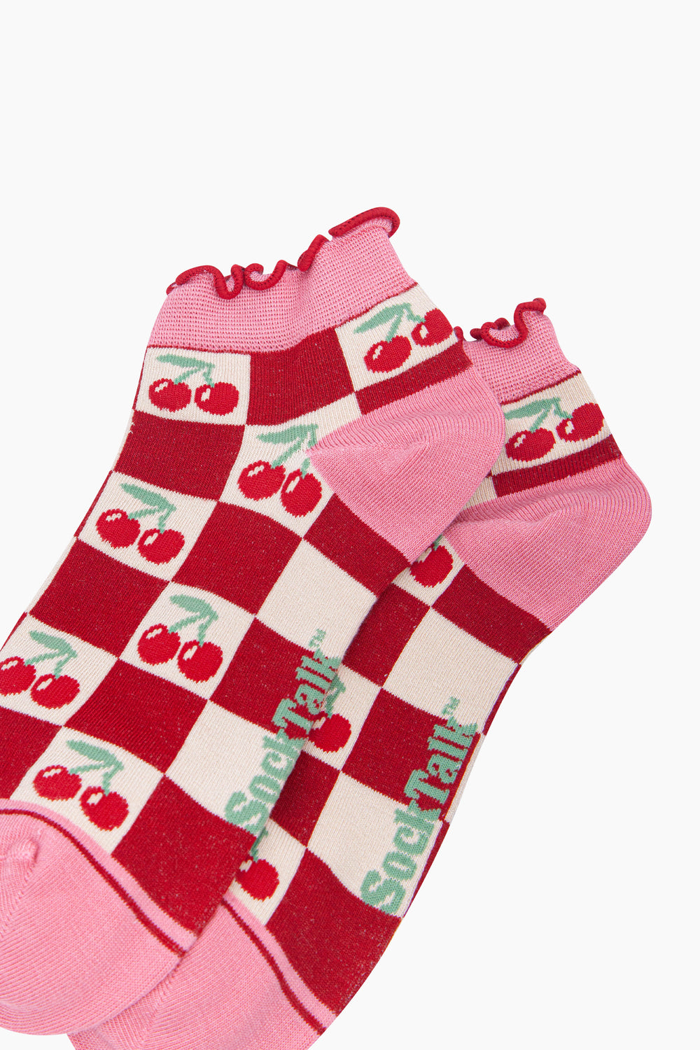 Cherry-Squares-Women's-Bamboo-Trainer-Socks-in-Red-Close-Up