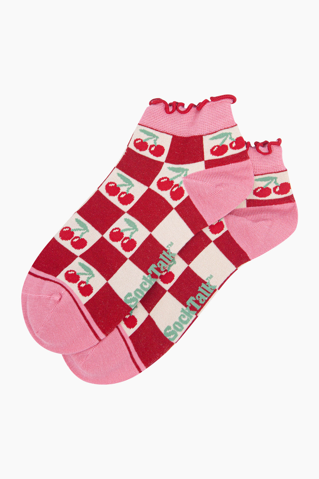 Cherry-Squares-Women's-Bamboo-Trainer-Socks-in-Red-Laid-Flat