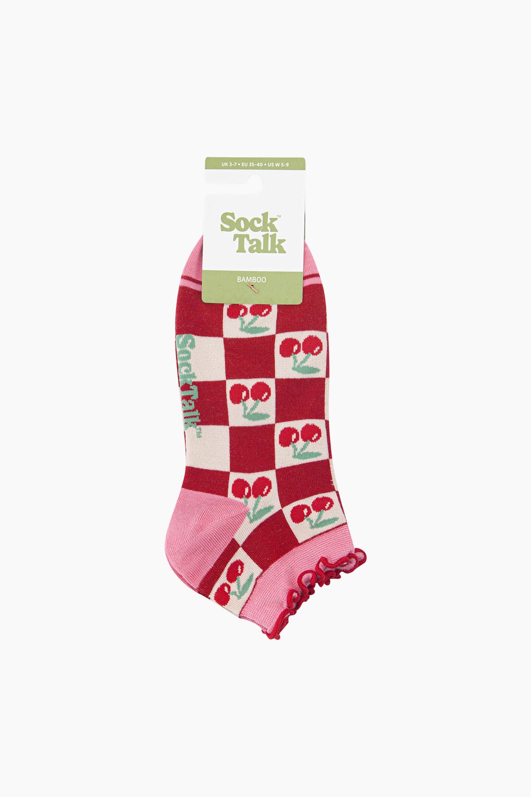 Cherry-Squares-Women's-Bamboo-Trainer-Socks-in-Red-In-Packaging