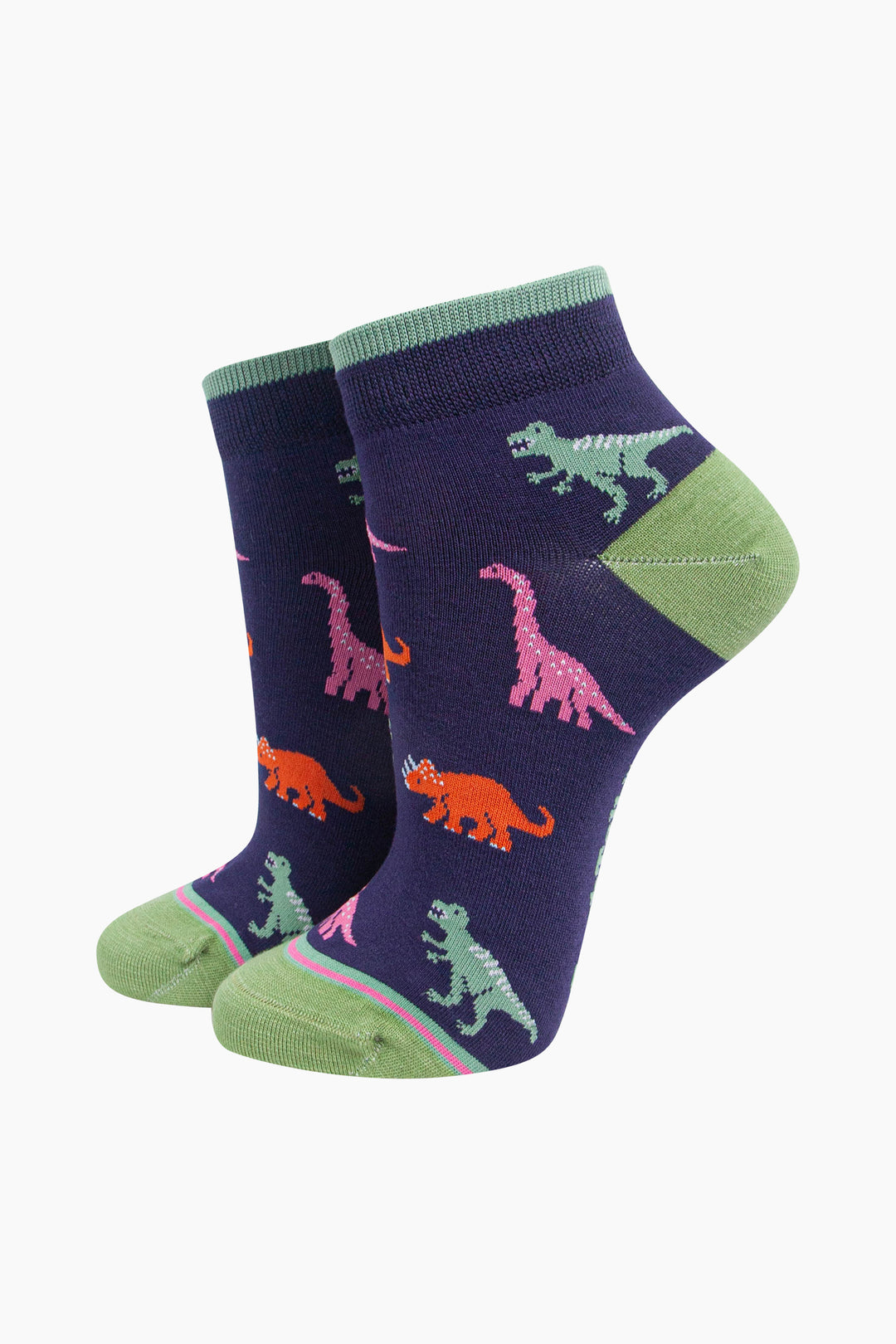 Dinosaur-Women's-Bamboo-Trainer-Socks-in-Navy-Blue-On-Mannequin