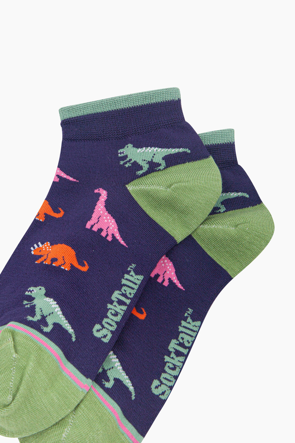 Dinosaur-Women's-Bamboo-Trainer-Socks-in-Navy-Blue-Close-Up