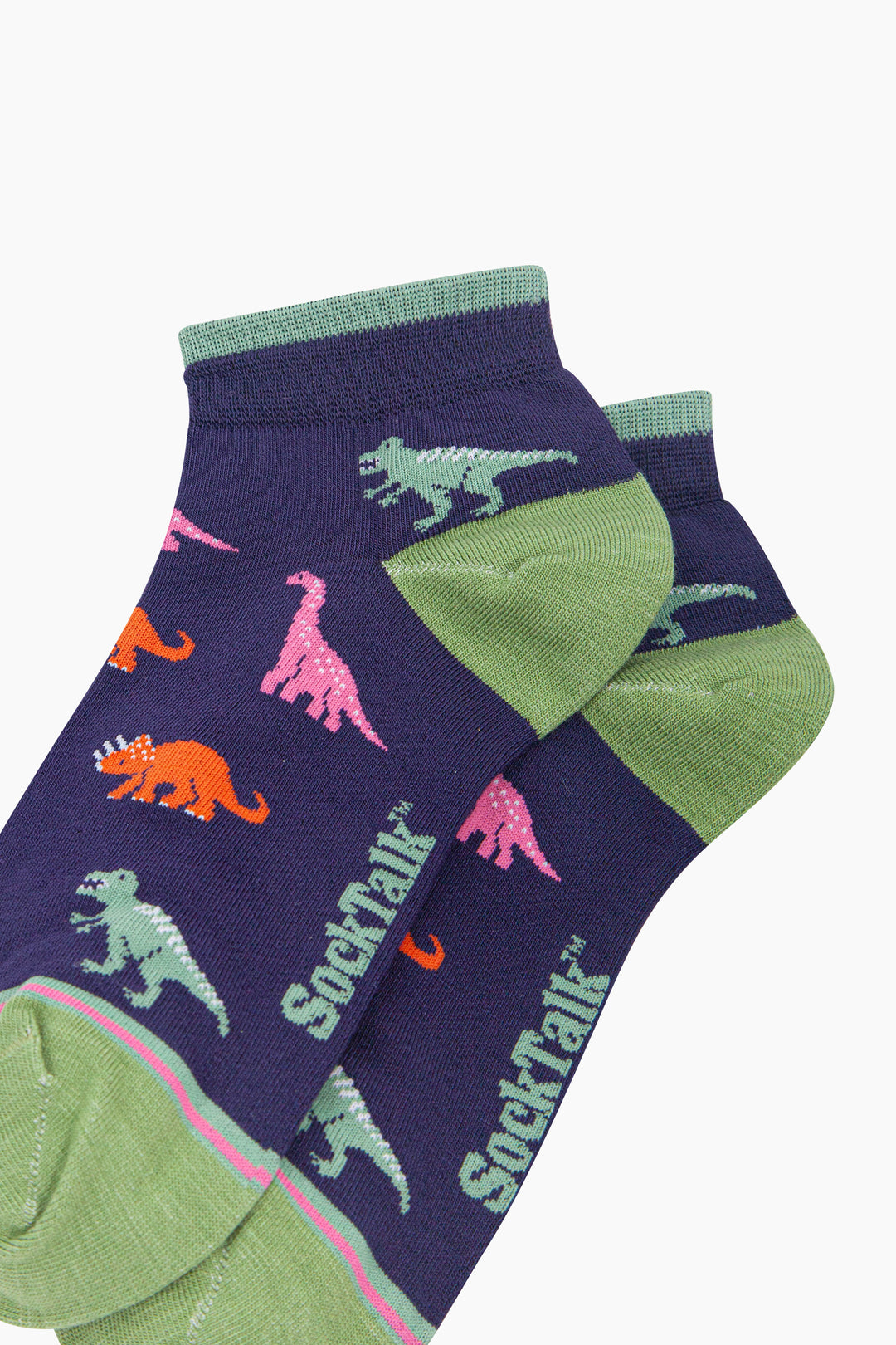 Dinosaur-Women's-Bamboo-Trainer-Socks-in-Navy-Blue-Close-Up