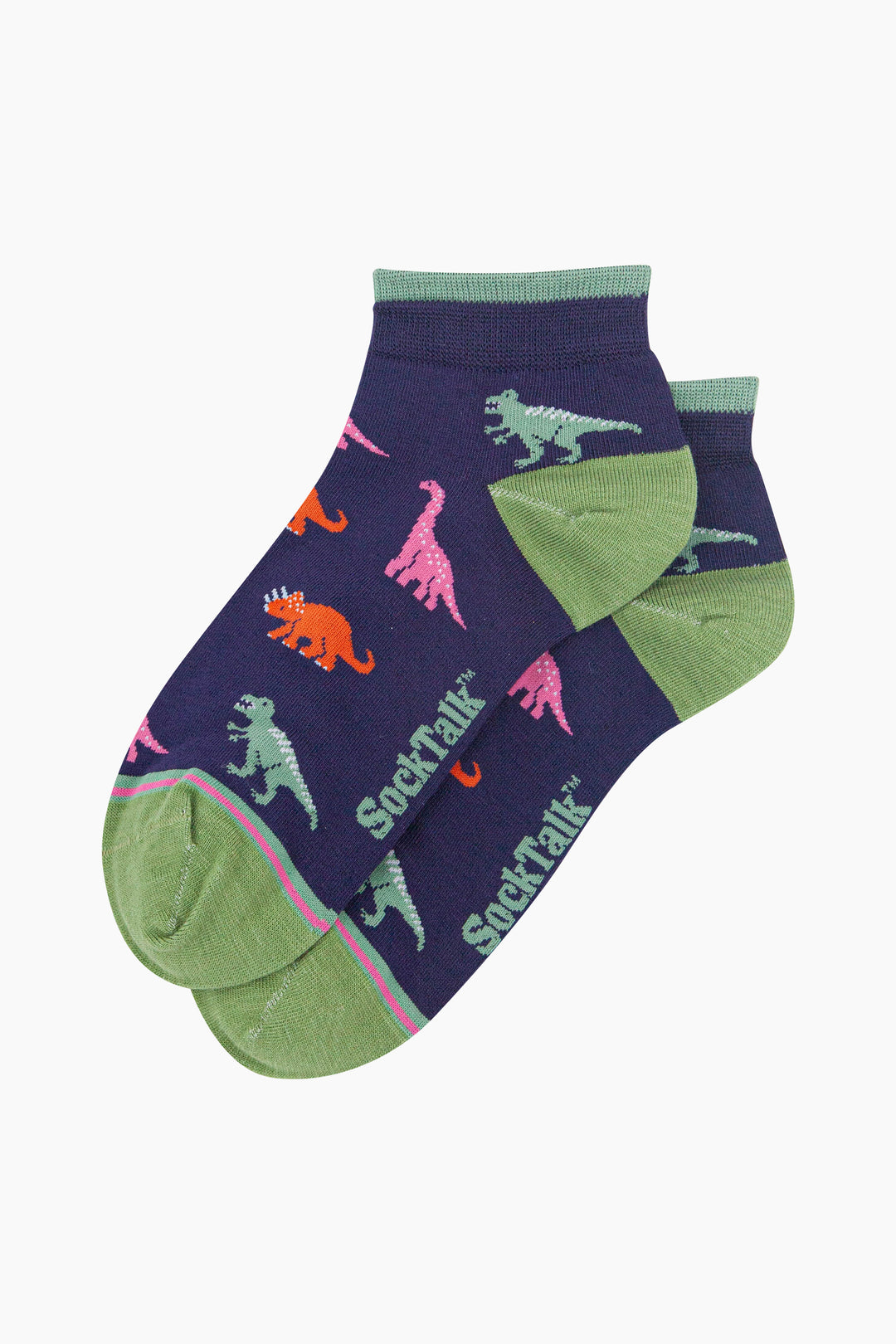 Dinosaur-Women's-Bamboo-Trainer-Socks-in-Navy-Blue-Laid-Flat