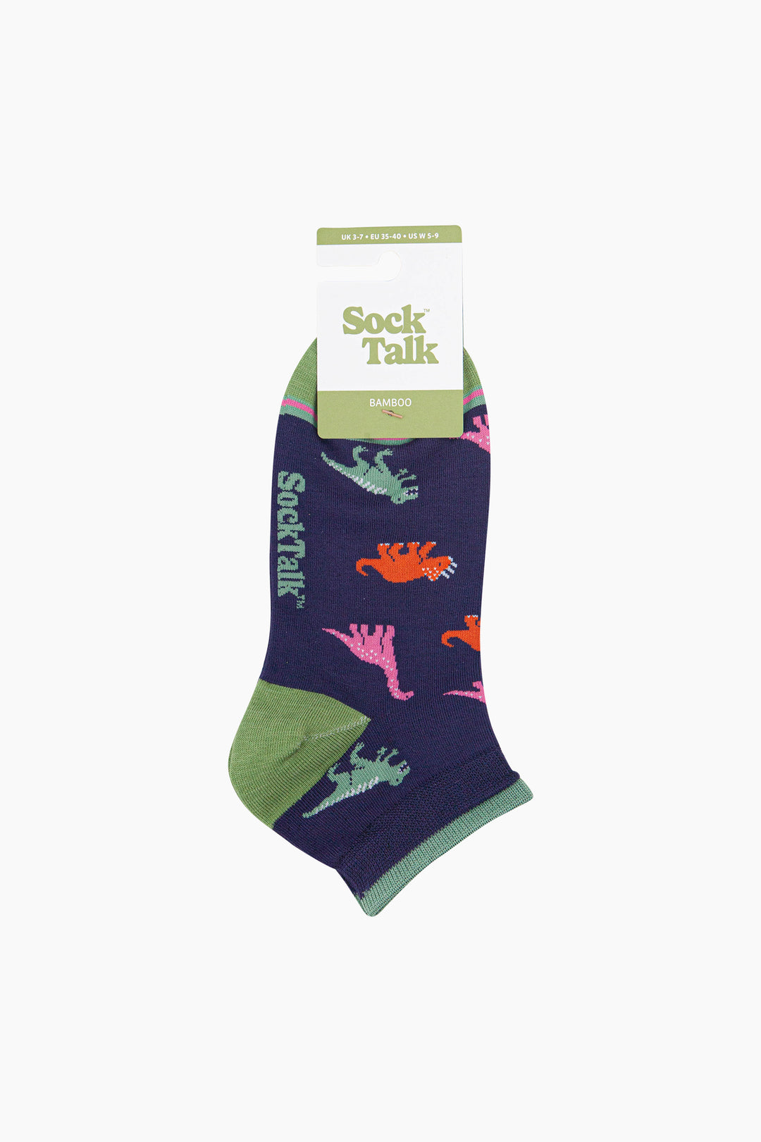 Dinosaur-Women's-Bamboo-Trainer-Socks-in-Navy-Blue-In-Packaging