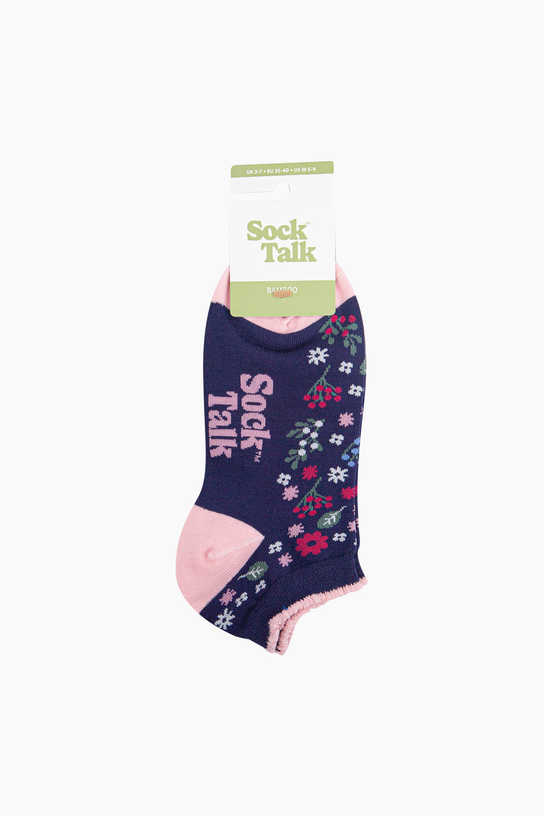 Wildflowers-Bamboo-Trainer-Socks-in-Navy-Blue-In-Packaging