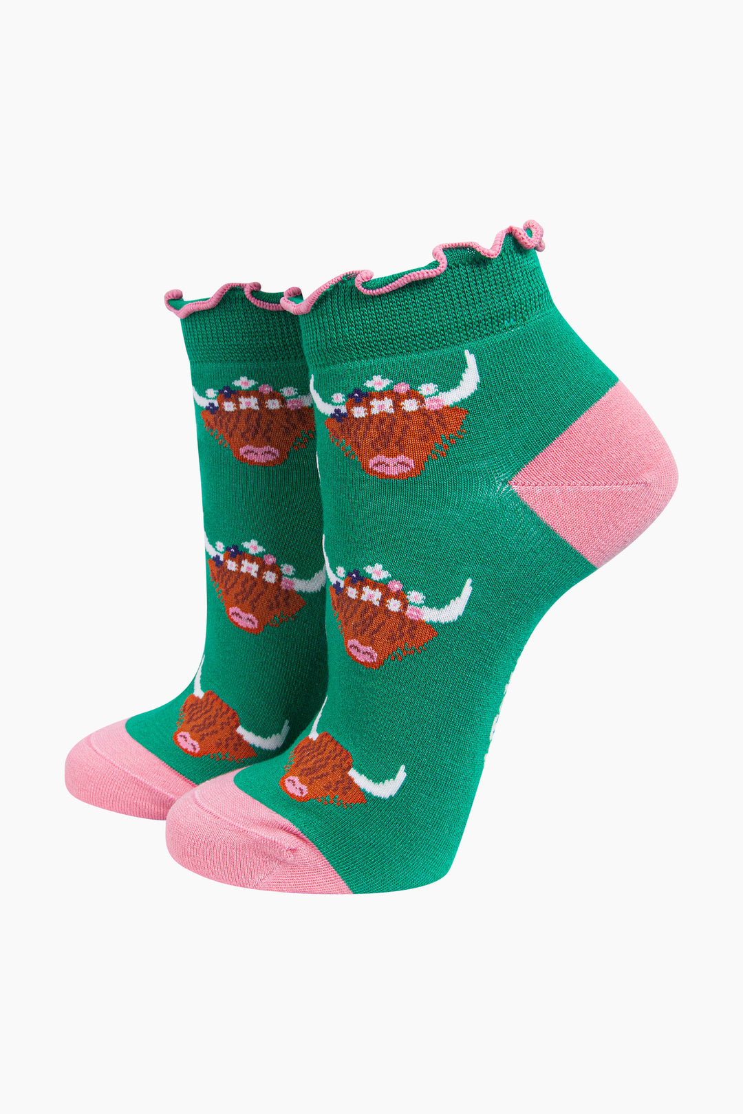 Highland-Cow-Women's-Bamboo-Trainer-Socks-in-Green-On-Mannequin