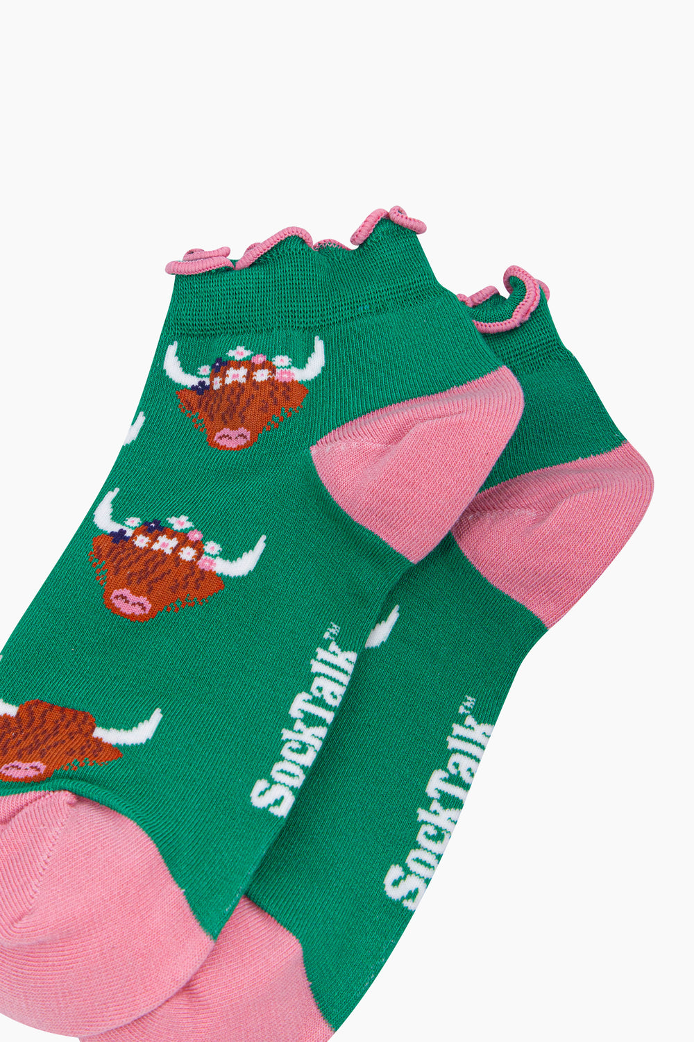 Highland-Cow-Women's-Bamboo-Trainer-Socks-in-Green-Close-Up