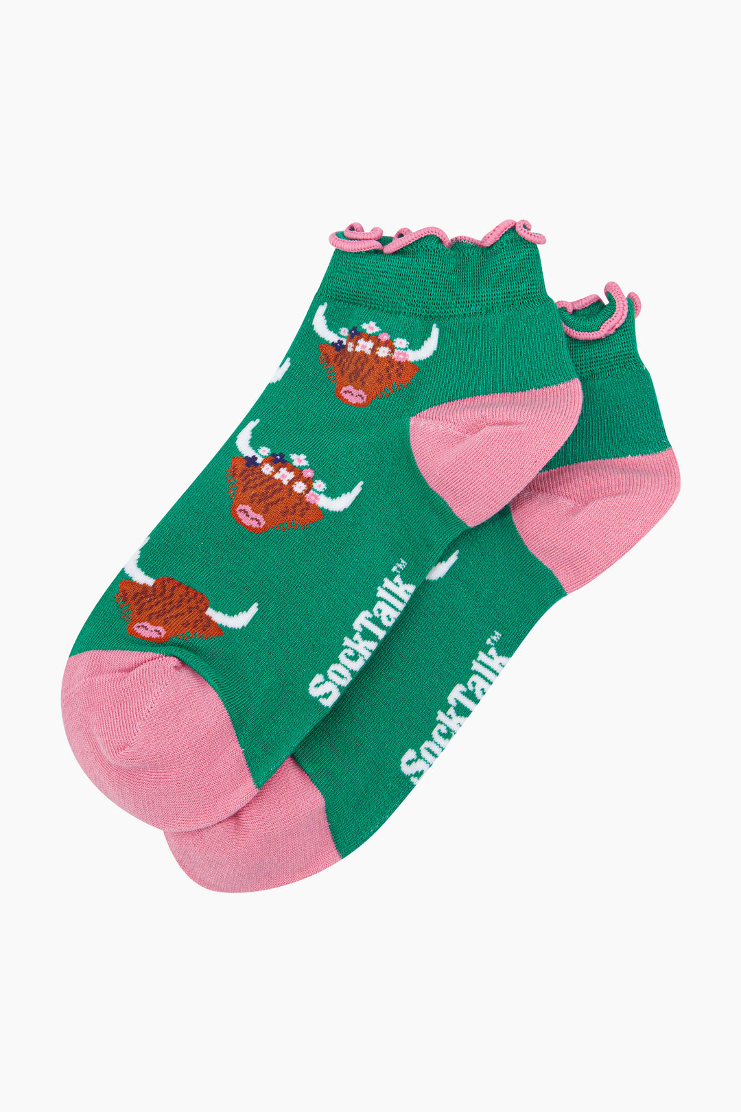 Highland-Cow-Women's-Bamboo-Trainer-Socks-in-Green-Laid-Flat