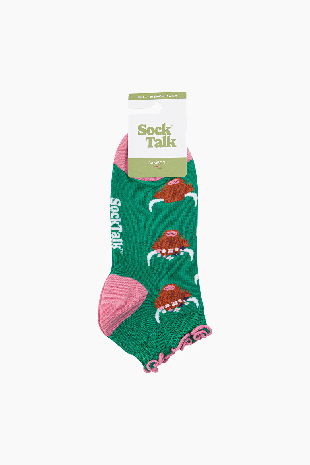 Highland-Cow-Women's-Bamboo-Trainer-Socks-in-Green-In-Packaging
