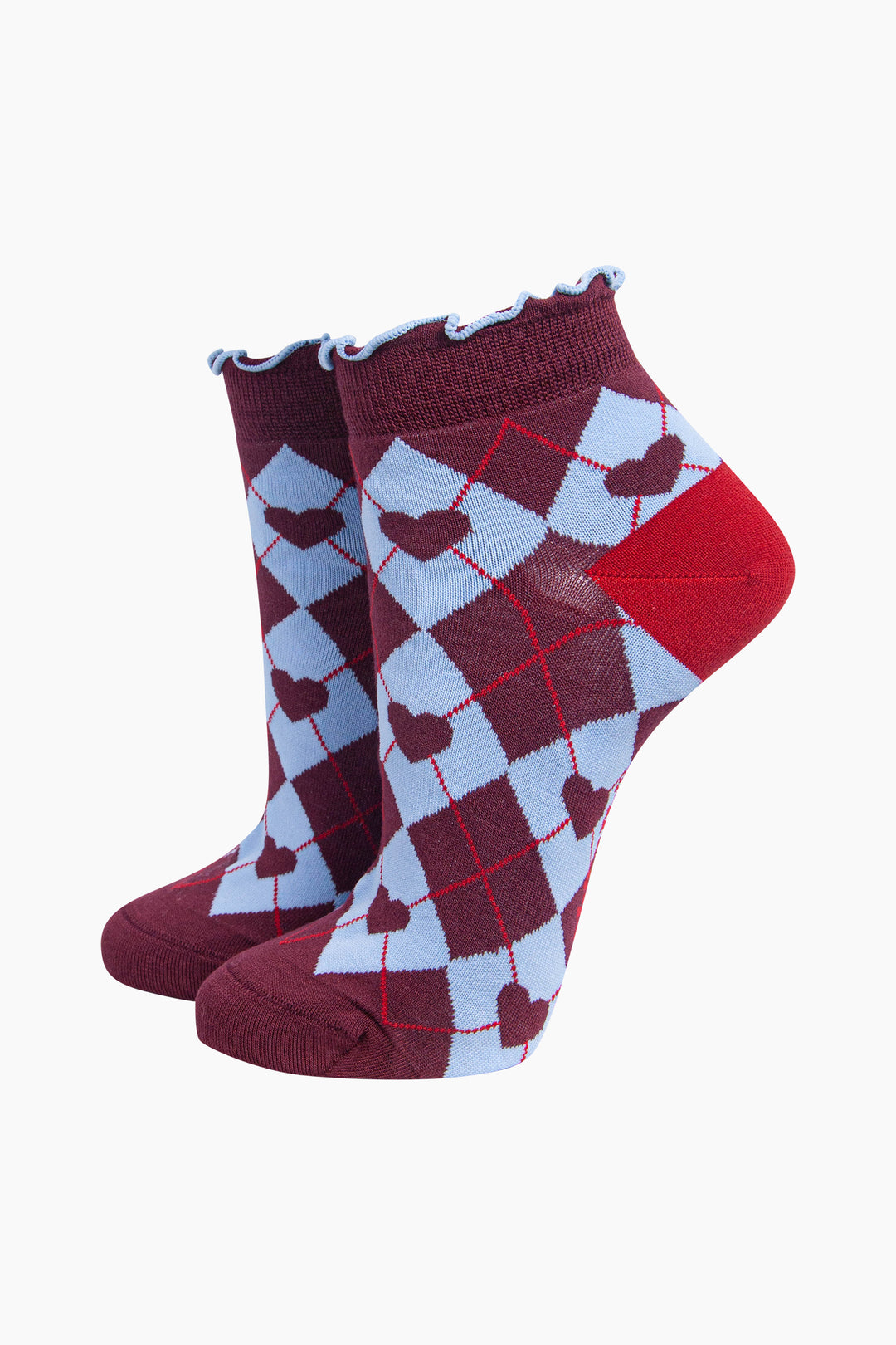 Heart-Argyle-Women's-Bamboo-Trainer-Socks-in-Burgundy/Blue-On-Mannequin