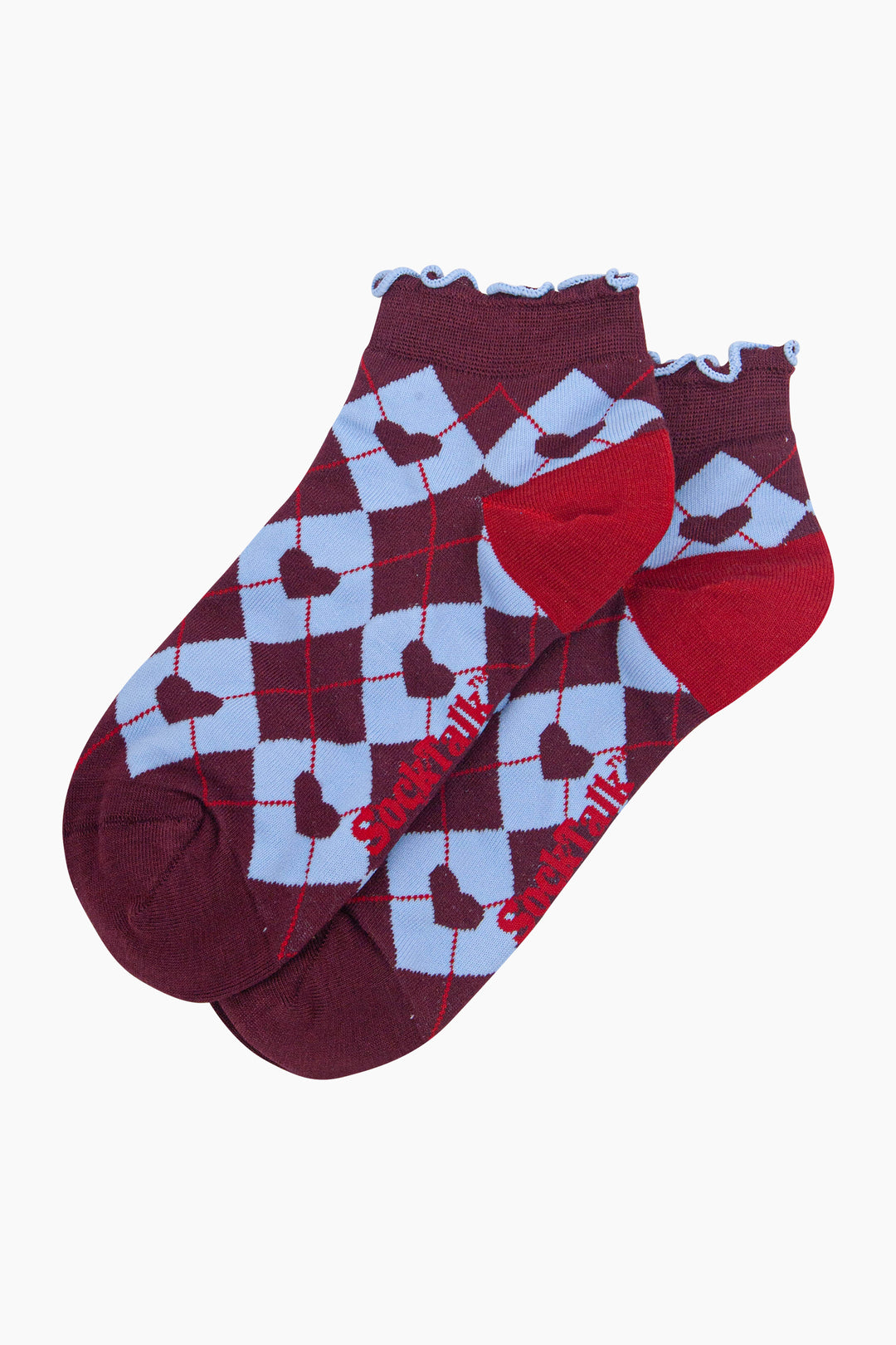 Heart-Argyle-Women's-Bamboo-Trainer-Socks-in-Burgundy/Blue-Laid-Flat