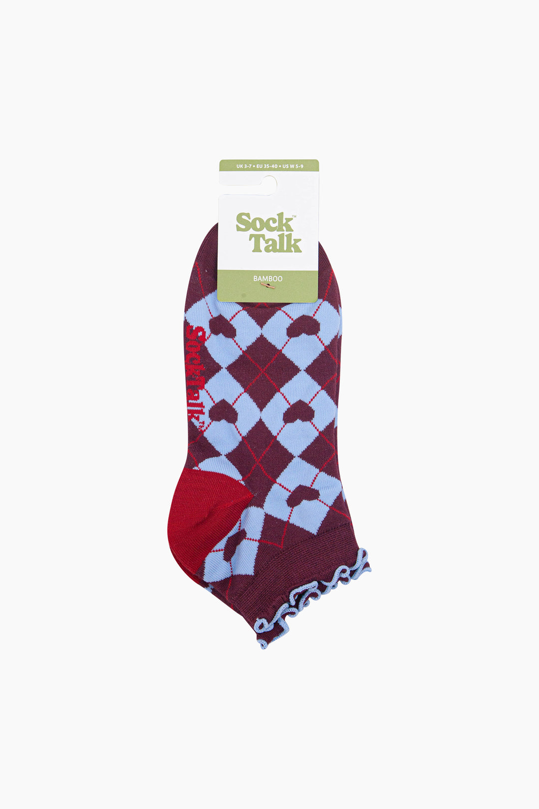 Heart-Argyle-Women's-Bamboo-Trainer-Socks-in-Burgundy/Blue-In-Packaging