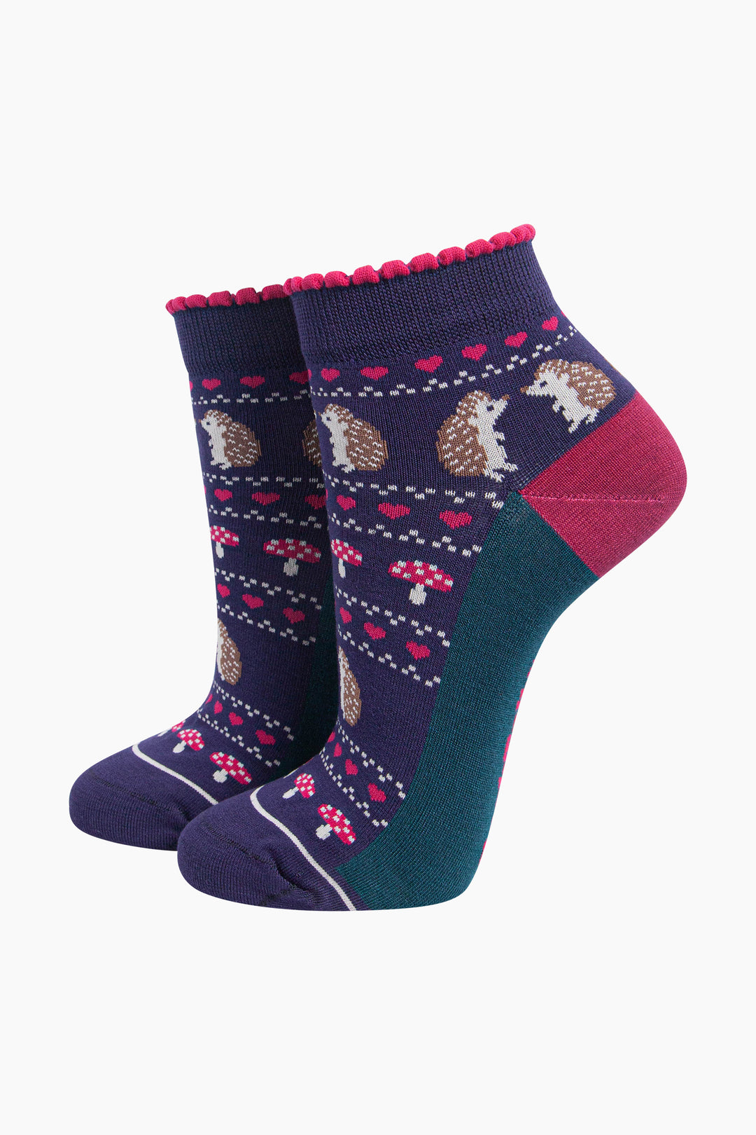 Hedgehog-Women's-Bamboo-Trainer-Socks-in-Navy-Blue-On-Mannequin