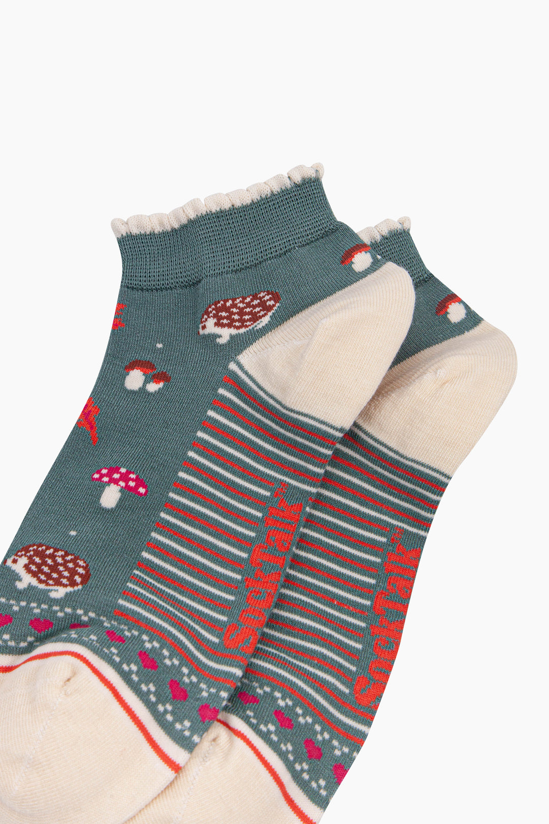 Hedgehog-Women's-Bamboo-Trainer-Socks-in-Sage-Green-Close-Up