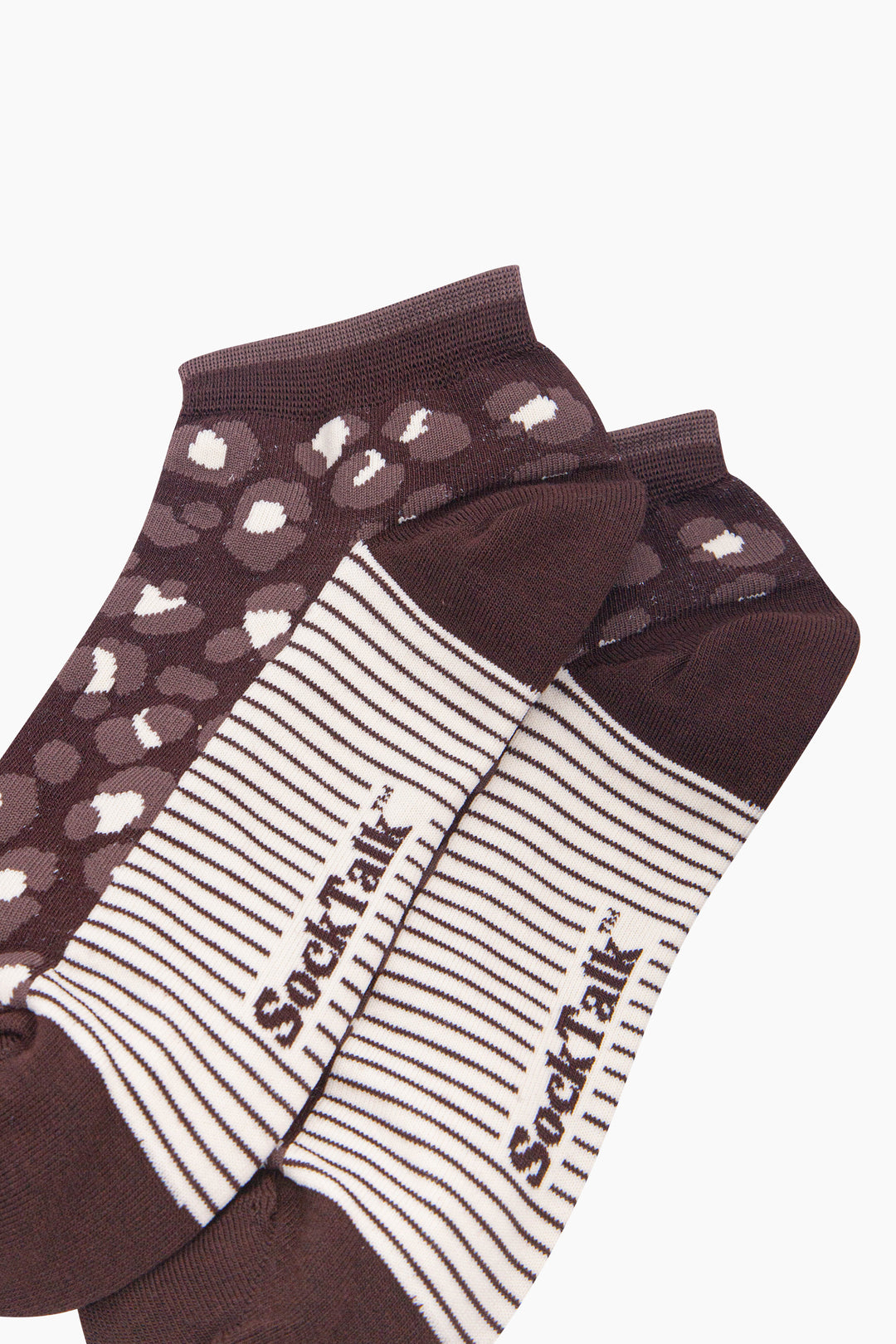 Leopard-Print-Women's-Bamboo-Trainer-Socks-in-Brown-Close-Up