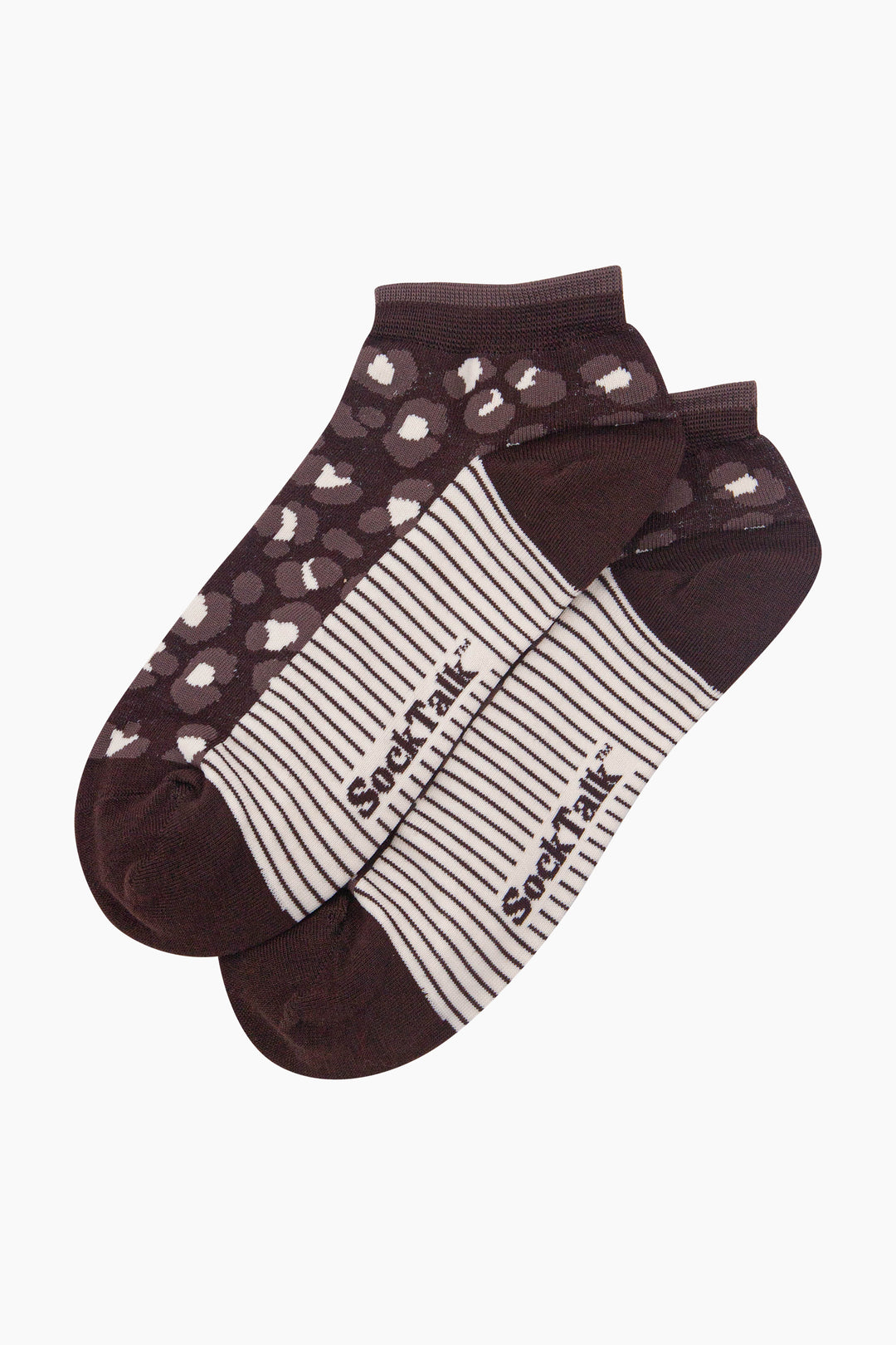 Leopard-Print-Women's-Bamboo-Trainer-Socks-in-Brown-Laid-Flat